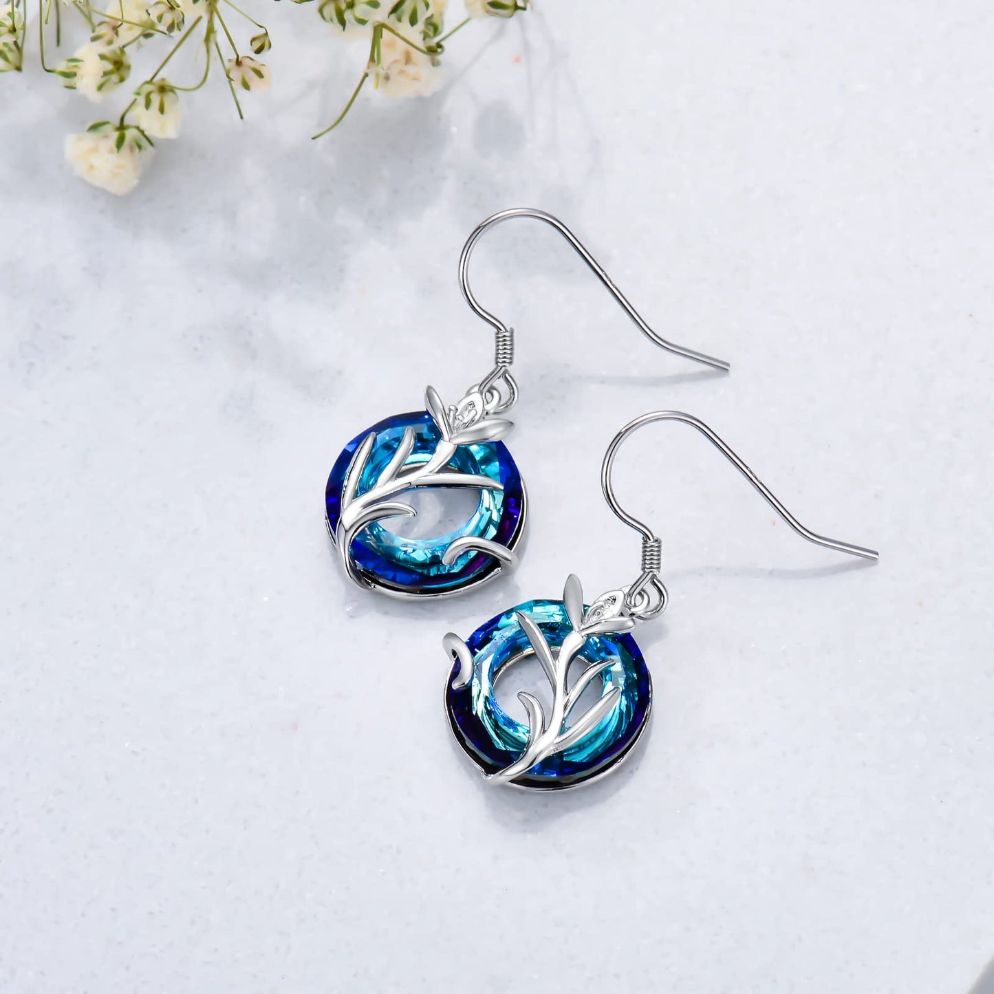 TOUPOP January Birth Flower Earrings Snowdrop Drop Dangle Earrings Blue Crystal Jewelry Birthday Mothers Day Gifts for Women Mom Her