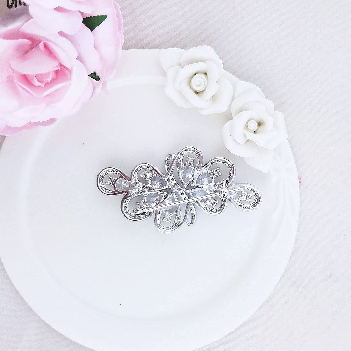 YOQUCOL White Cubic Zirconia Crystal Rhinestone Ribbon Shape Silver Tone Brooch Pin for Women Wedding Brides Jewelry