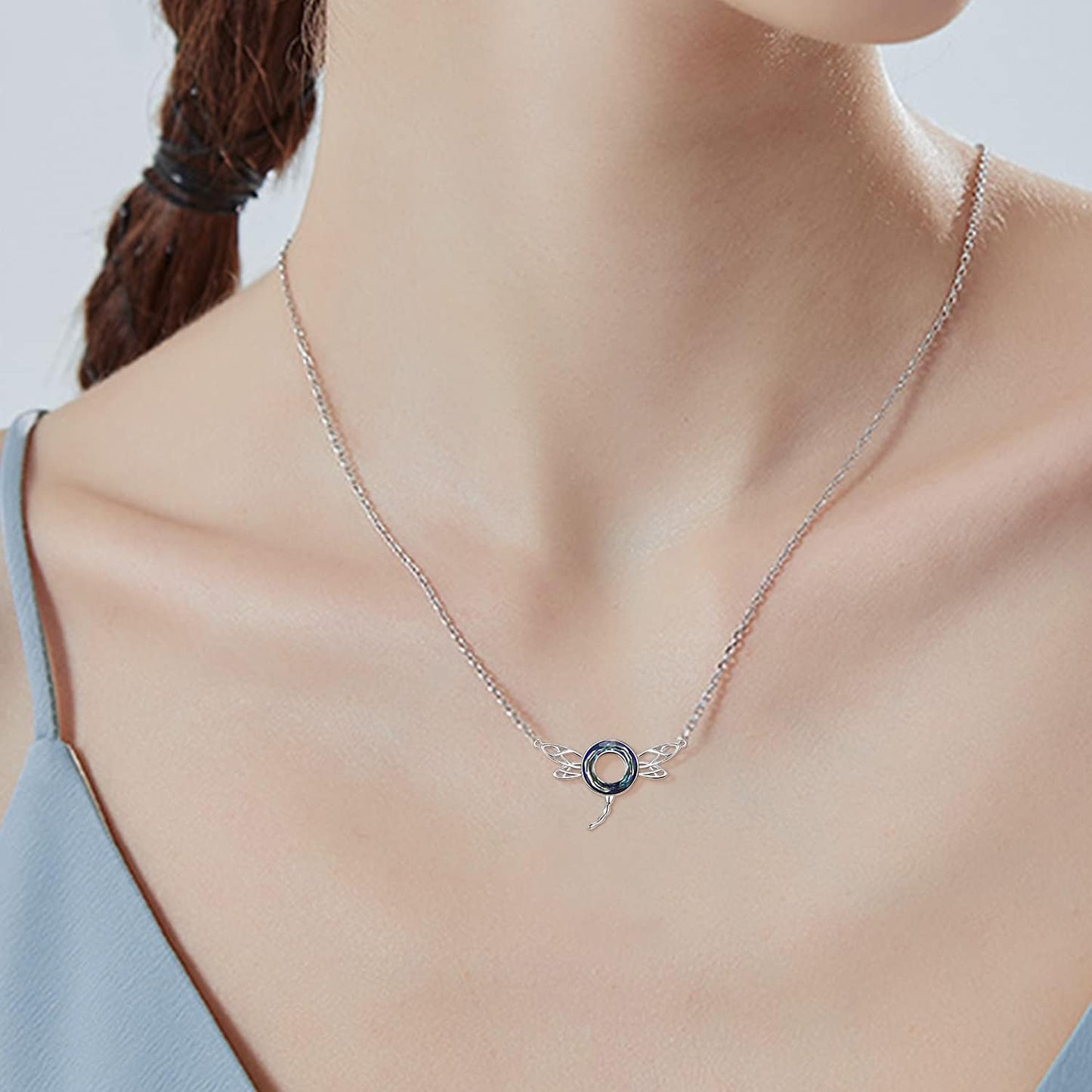 AENEAS Dragonfly Necklace 925 Sterling Silver Crystal Dragonfly Pendant Necklace with Blue Circle Insects Jewelry Gifts for Mom Wife Her