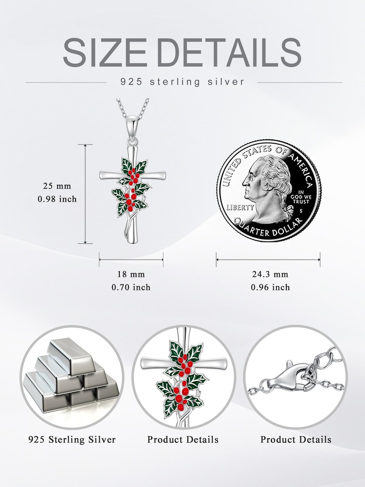 Cargari Holly Cross Necklace for Women 925 Sterling Silver Holly Cross Pendant Necklace Christmas Floral Jewelry Gift for Women