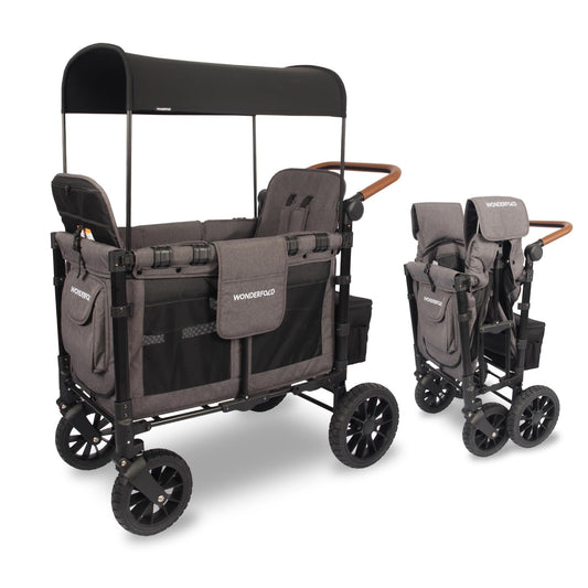 WonderFold W2 Luxe Stroller Wagon - Collapsible Stroller Wagon with Steel Frame - Adjustable Canopy & Push Handle - XL All-Terrain Wheels - for Babies, Toddlers & Kids - 2 Seater - Gray