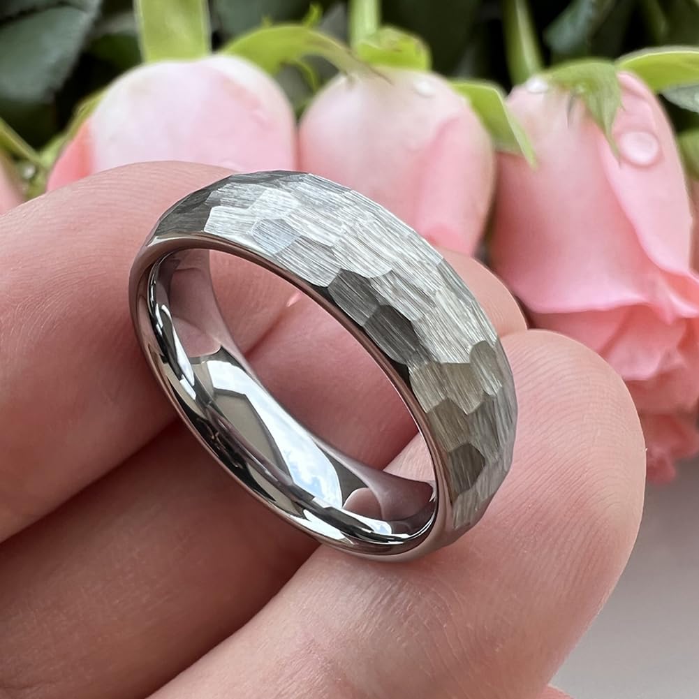 TUTISS 6mm Hammered Tungsten Carbide Rings for Men Women Engagement Wedding Bands Domed I Love You Engraved Comfort Fit Size 6