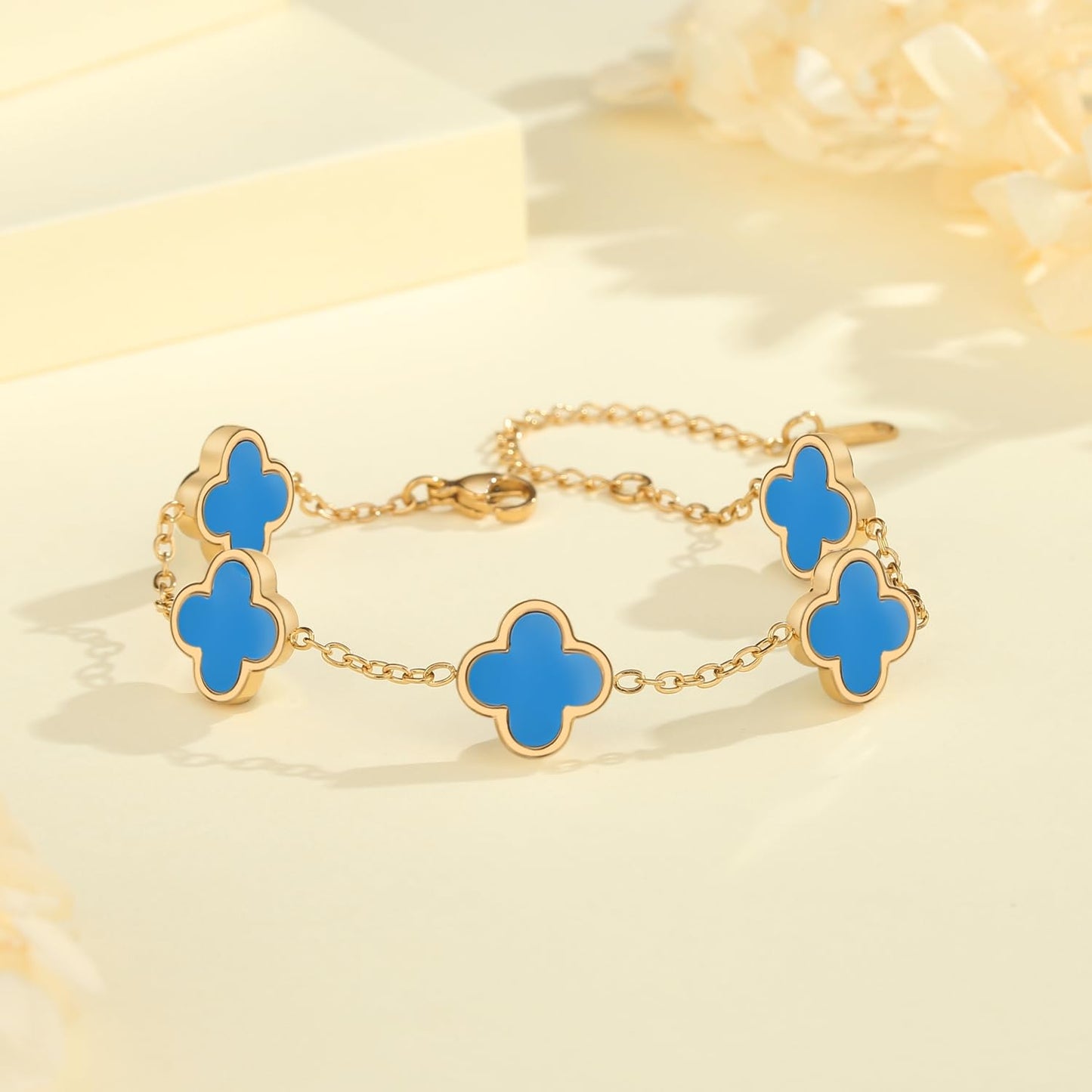 CORSMGSE 18K Gold Plated Clover Lucky Bracelet for Women Gold White Black Pink Green Red Blue Adjustable Double Sided Flower Four Leaf Link Bracelets Trendy Jewelry Gifts for Women Men