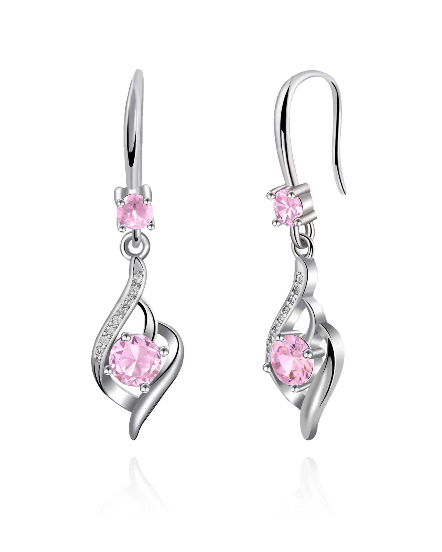 Heart Pink Drop Dangle Earrings-925 Sterling Silver with Pink Crystals-Long Birthstone Jewellery for Women