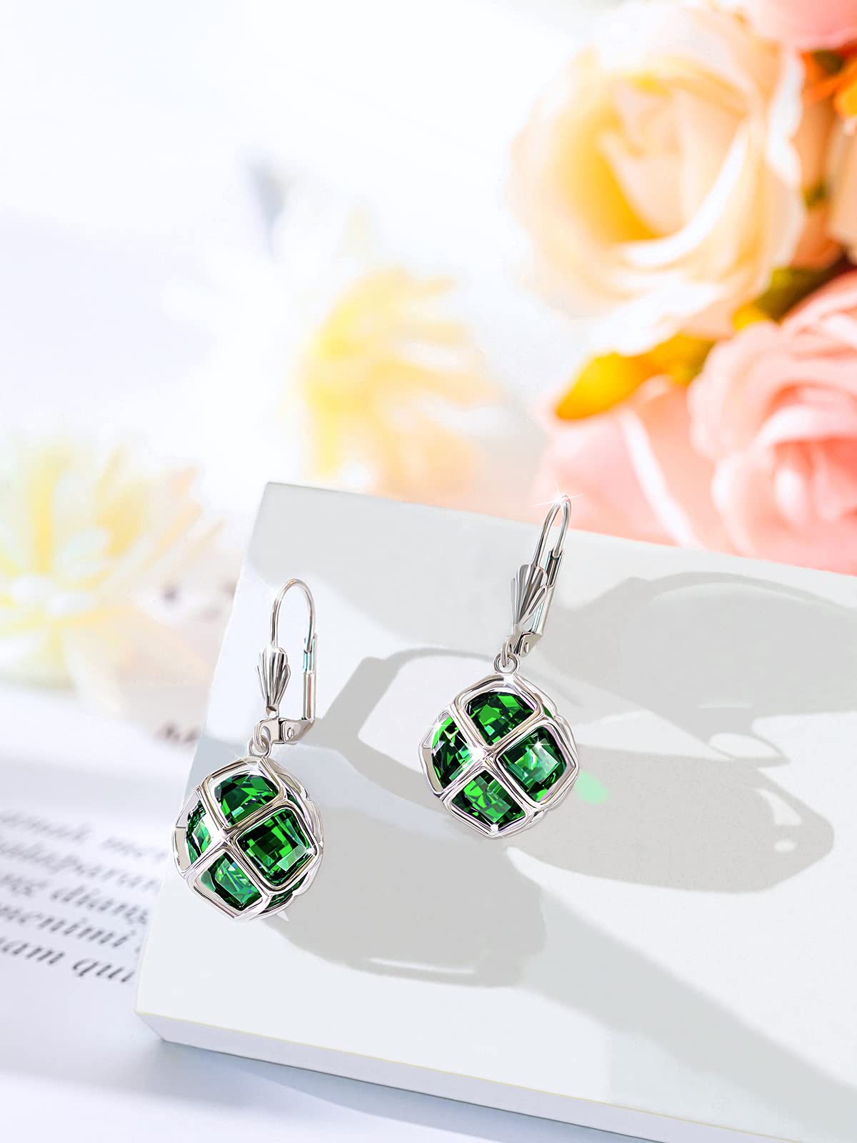Big Dark Green Crystal Dangle Earrings for Women (May-Emerald-White Gold)