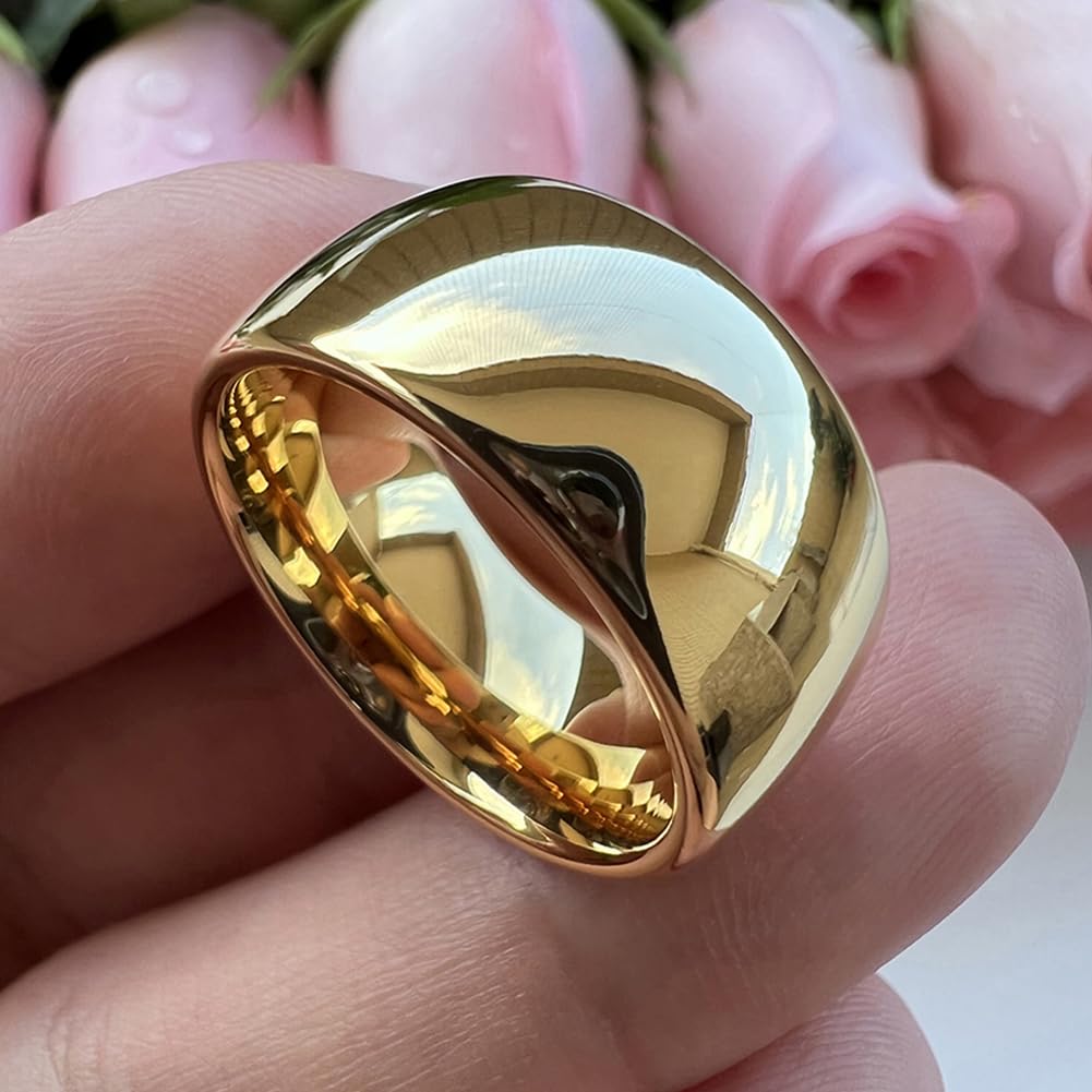TUTISS 10mm Gold Tungsten Rings for Men Women Engagement Wedding Bands Domed Polished Comfort Fit Size 11