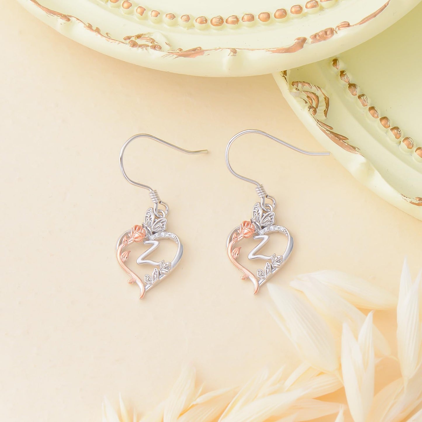 TOUPOP Rose Heart Initial Earrings Sterling Silver Butterfly Earring Initial Z Letter Drop Dangle Earrings Jewelry Anniversary Birthday Mothers Day Gifts for Women Mom Wife Girlfriend Her