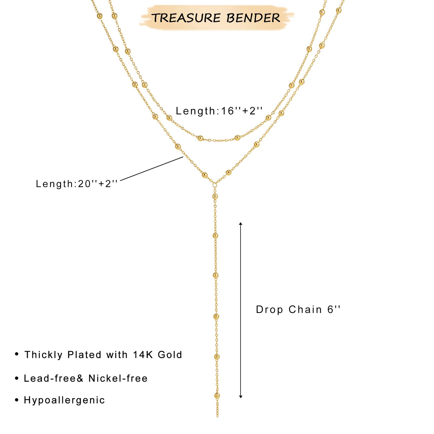 Treasure Bender Lariat Gold Necklace for Women Long 14k Gold Plated Y-Shaped Body Bead Chain Choker Necklace Pendant Charm Layered Necklaces Non Tarnish Trendy Gold Jewelry for Women Summer