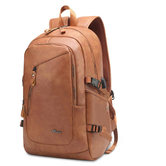 DYJ Vegan Leather Laptop Backpack for Men, Faux Leather Vintage Weekend Travel Daypack with USB Charging Port Fit 17 Inch Laptops
