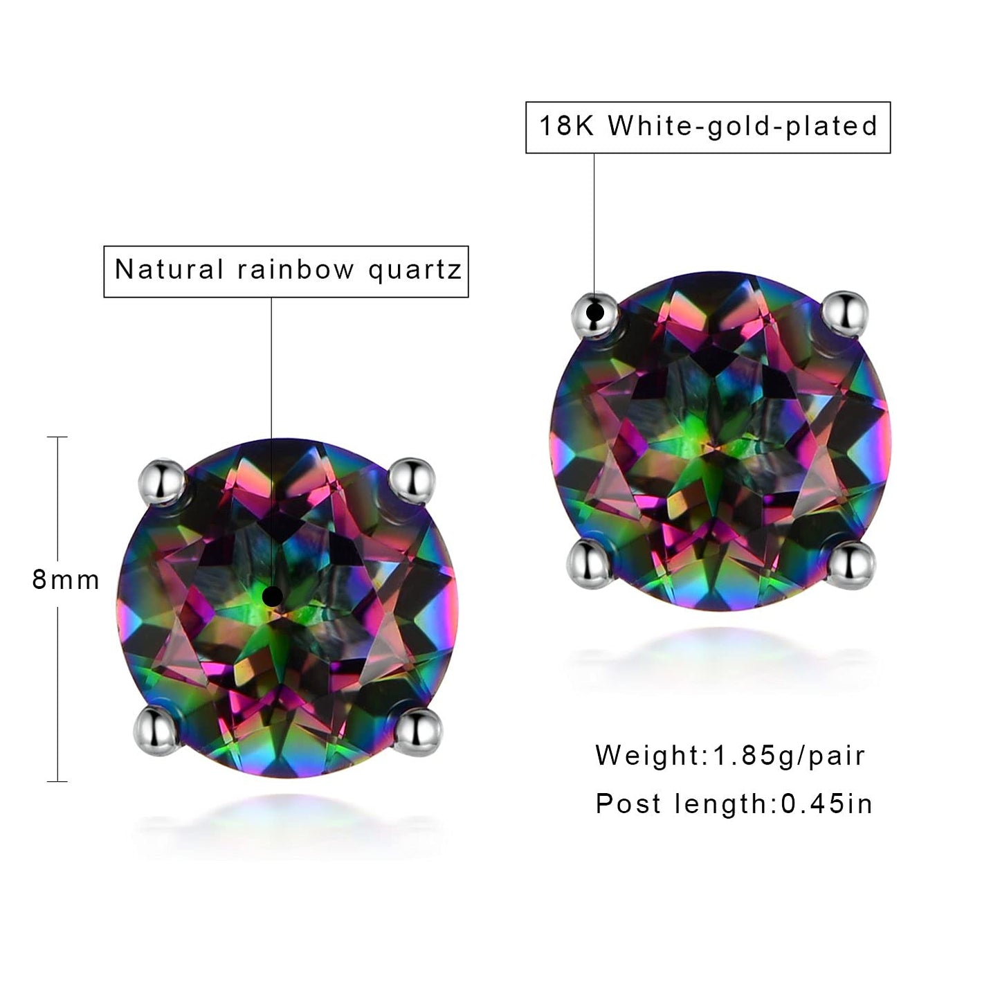 VOLUKA 18K White Gold Plated Rainbow Quartz Stud Earrings,Hypoallergenic Round Square CZ Earrings for Women Men,Daily Wear Party Wedding Jewelry Gift