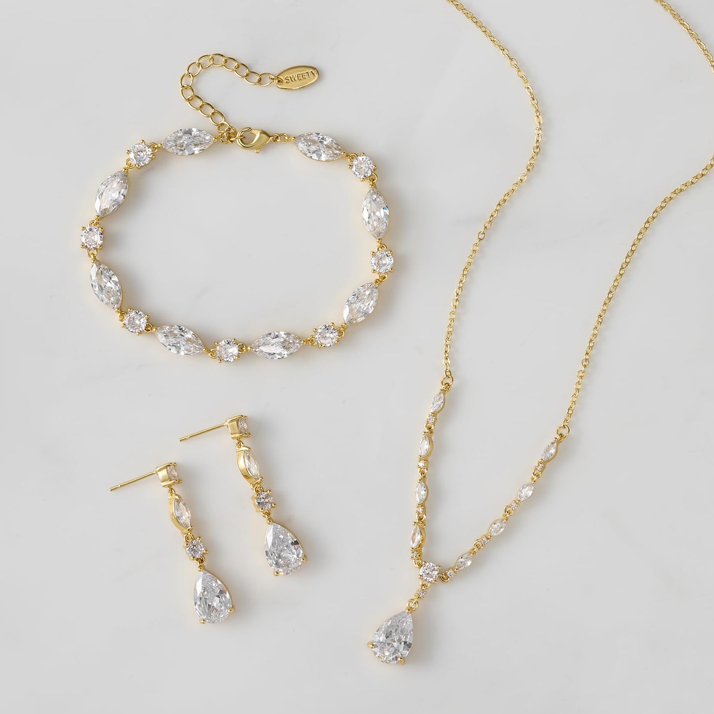 SWEETV Gold Bridal Jewelry Set for Wedding, Cubic Zirconia Necklace Dangle Drop Earrings Bracelet Set, Teardrop Marquise Brides Bridesmaids Wedding Prom Anniversary Jewelry Gifts for Women