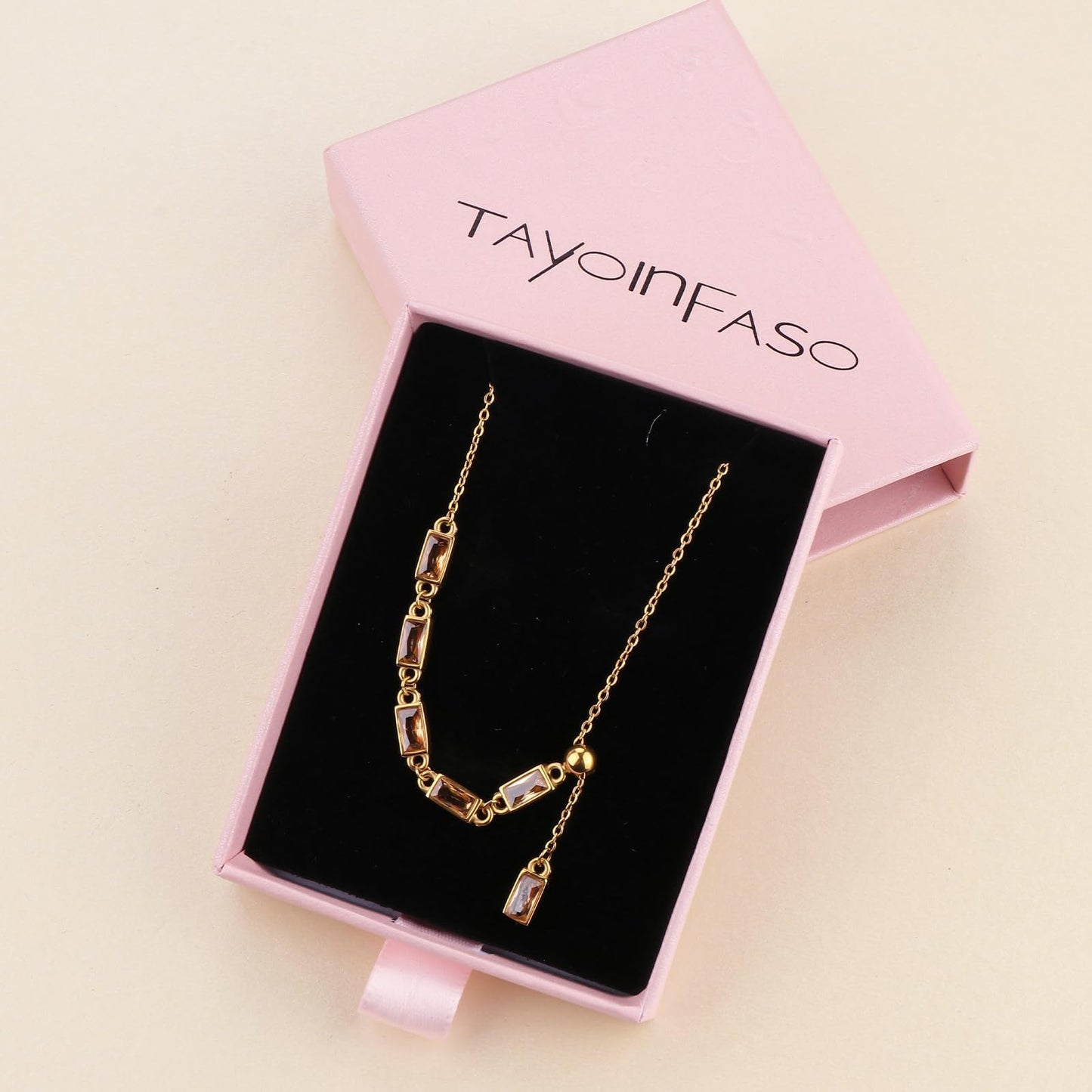 TaYolnFaSo Champagne Color Y Shaped Necklace 18K Gold Plated Champagne CZ Y Lariat Necklace Emerald Cut Jewelry Christmas Gift for Women