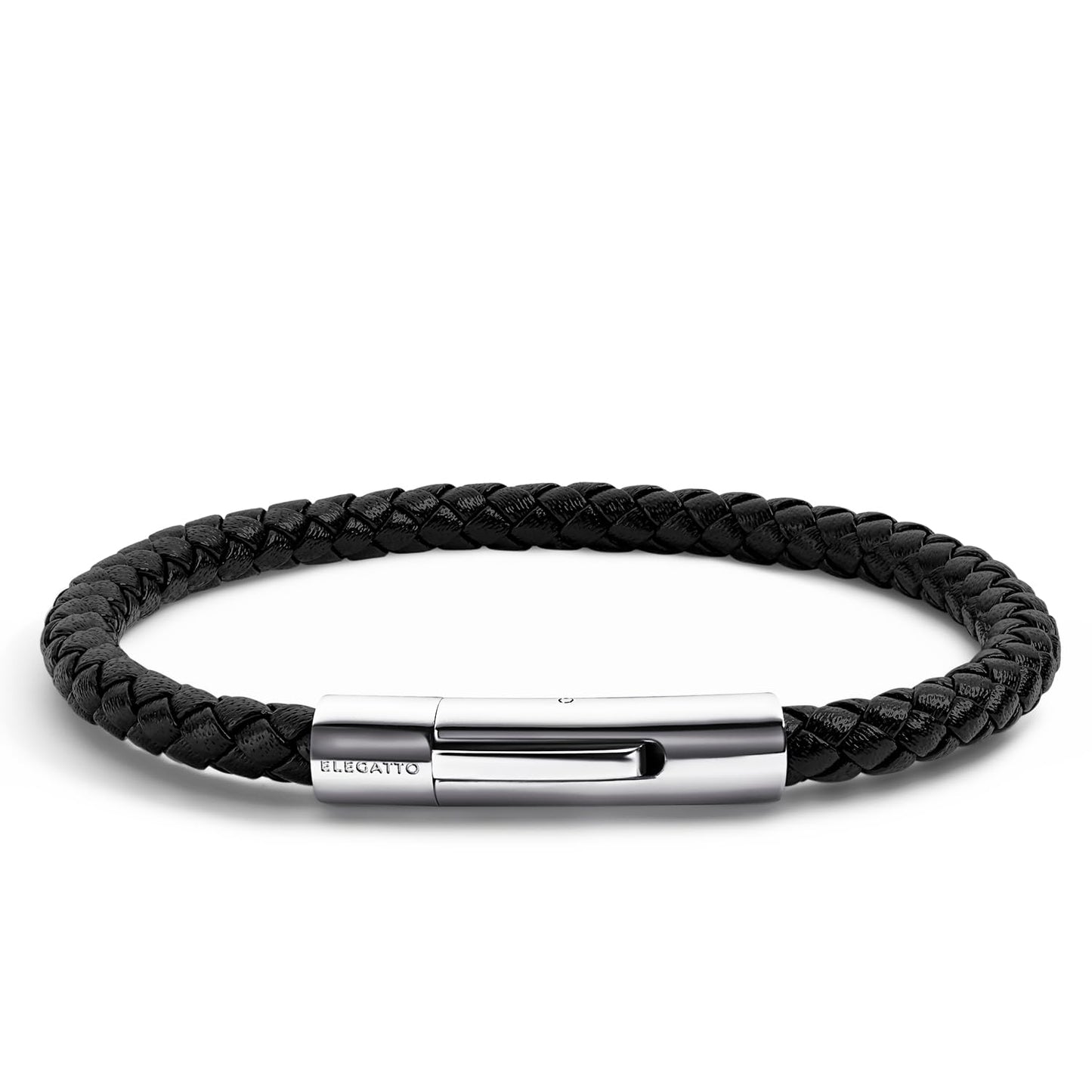 Elegatto Elagio Premium Braided Leather Bracelet for Men | Full-Grain Braided Leather with Sterling Silver Polished Stainless Steel Clasp | Men’s Designer Bracelets | Small