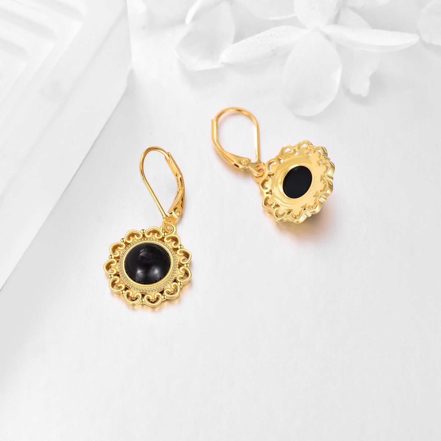 Black Onyx Dangle Drop Earrings Sterling Silver 18K Yellow Gold Plated Filigree Black Onyx Leverback Earrings
