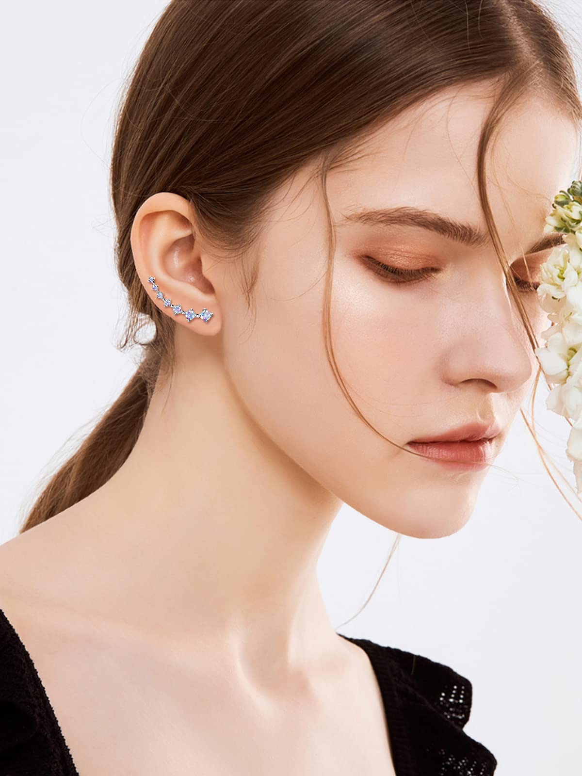 Sterling Silver 7 Crystals Ear Cuffs Climber Cartilage Earrings Dainty Trendy Jewelry Hypoallergenic Fashion Earring Charms Birthday Gift for Women (White Colorful)