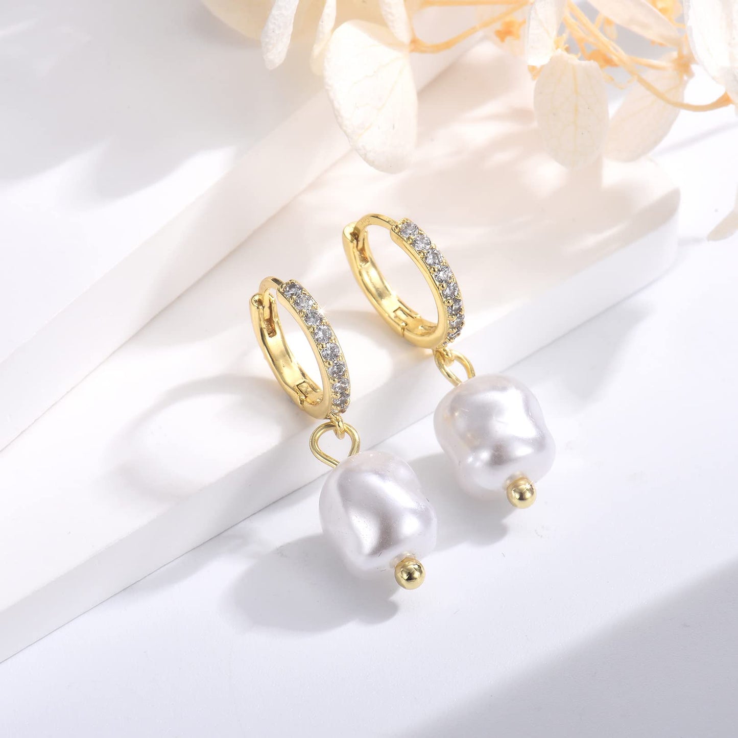 CERSLIMO Sterling Silver Pearl Drop Earrings for Women, S925, Baroque Shell, Hypoallergenic, Dainty Hoop, Modern Chic