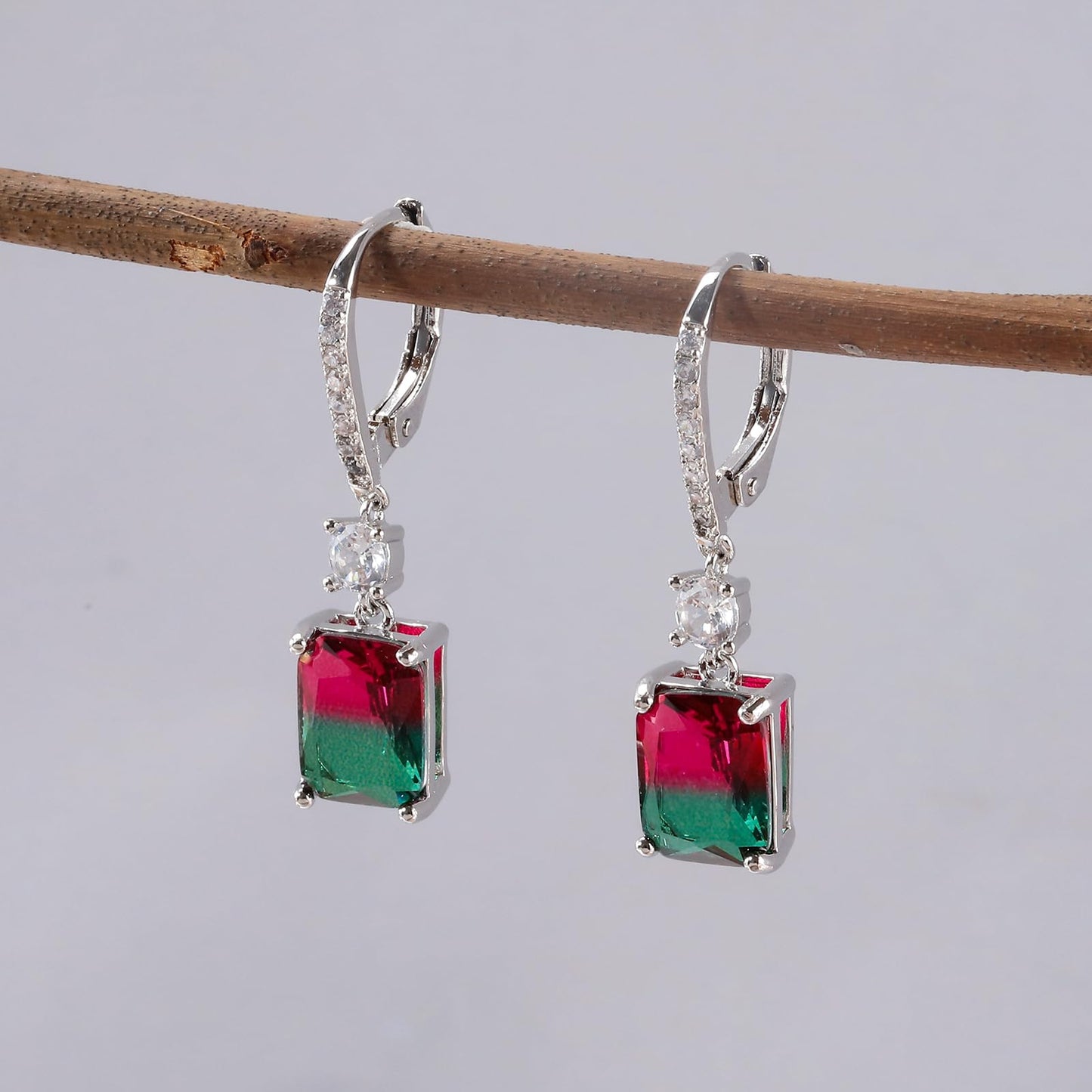 CiNily Leverback Earrings for Women Rectangular-cut Drop Dangle Earring Hypoallergenic, 14K White Gold Plated Red and Green Cubic Zircon Earrings Diamond Dangle Ear Rings Jewelry Birthday