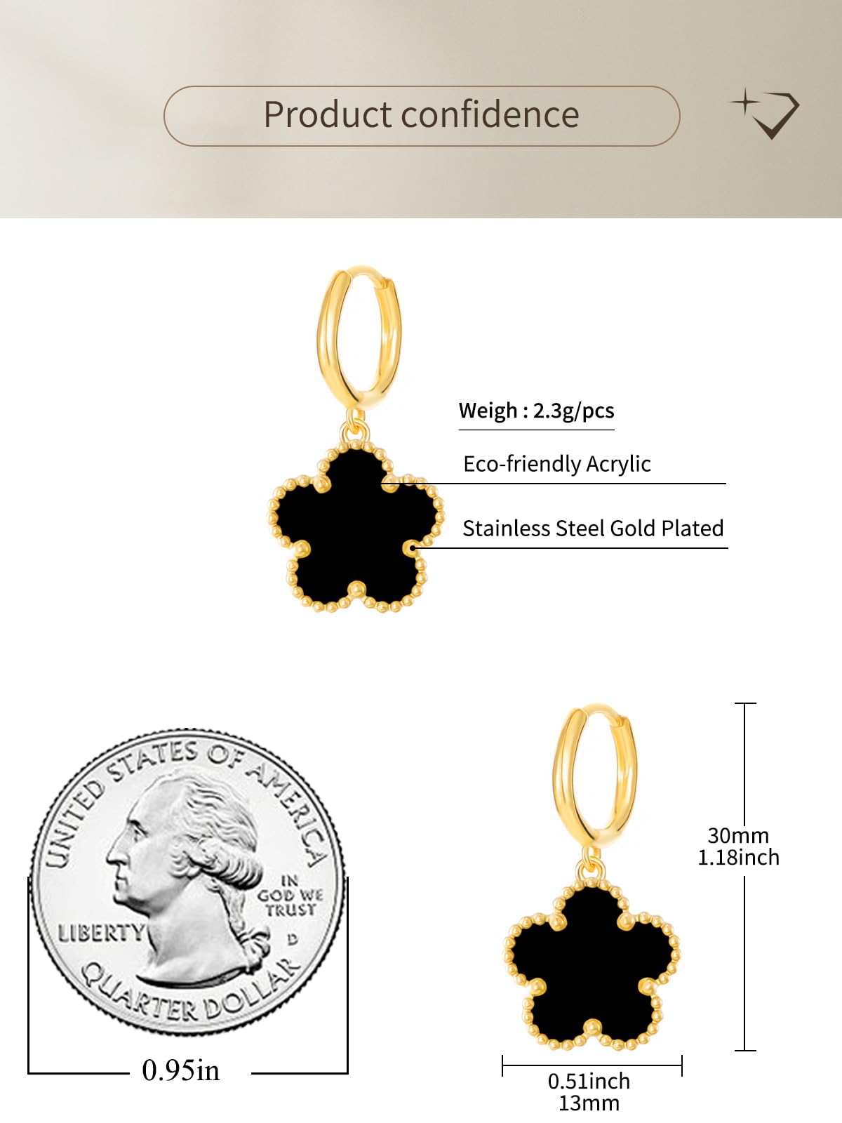 Gold Plated Five Leaf Clover Dangle Earrings for Women Lucky Flower Jewelry (Black-14K Gold Plated)