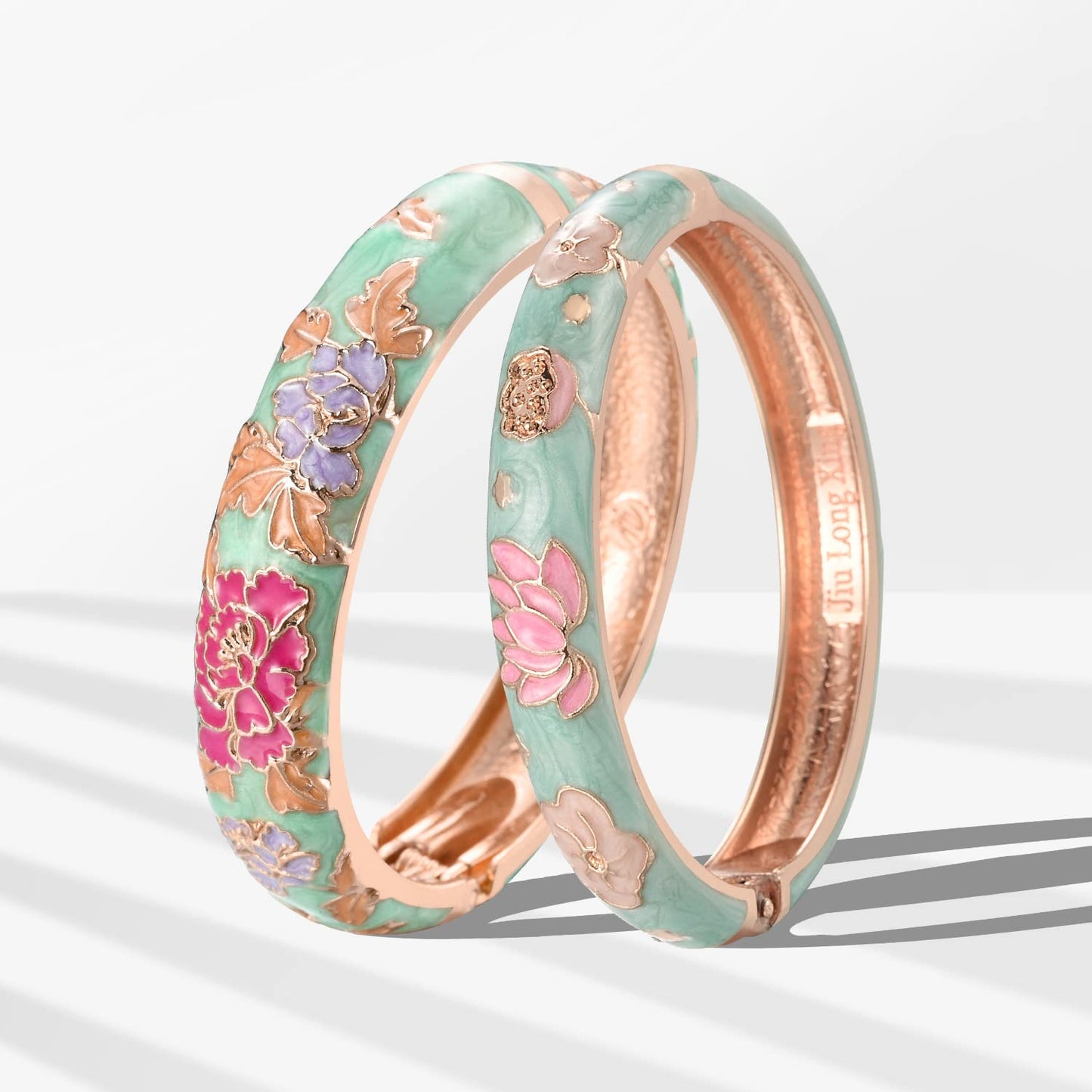 UJOY Cloisonne Bangles Gorgeous National Floral Panda Set Enameled Gold Plated Handcrafted Bracelets Jewelry Gifts 55C48 Light Green