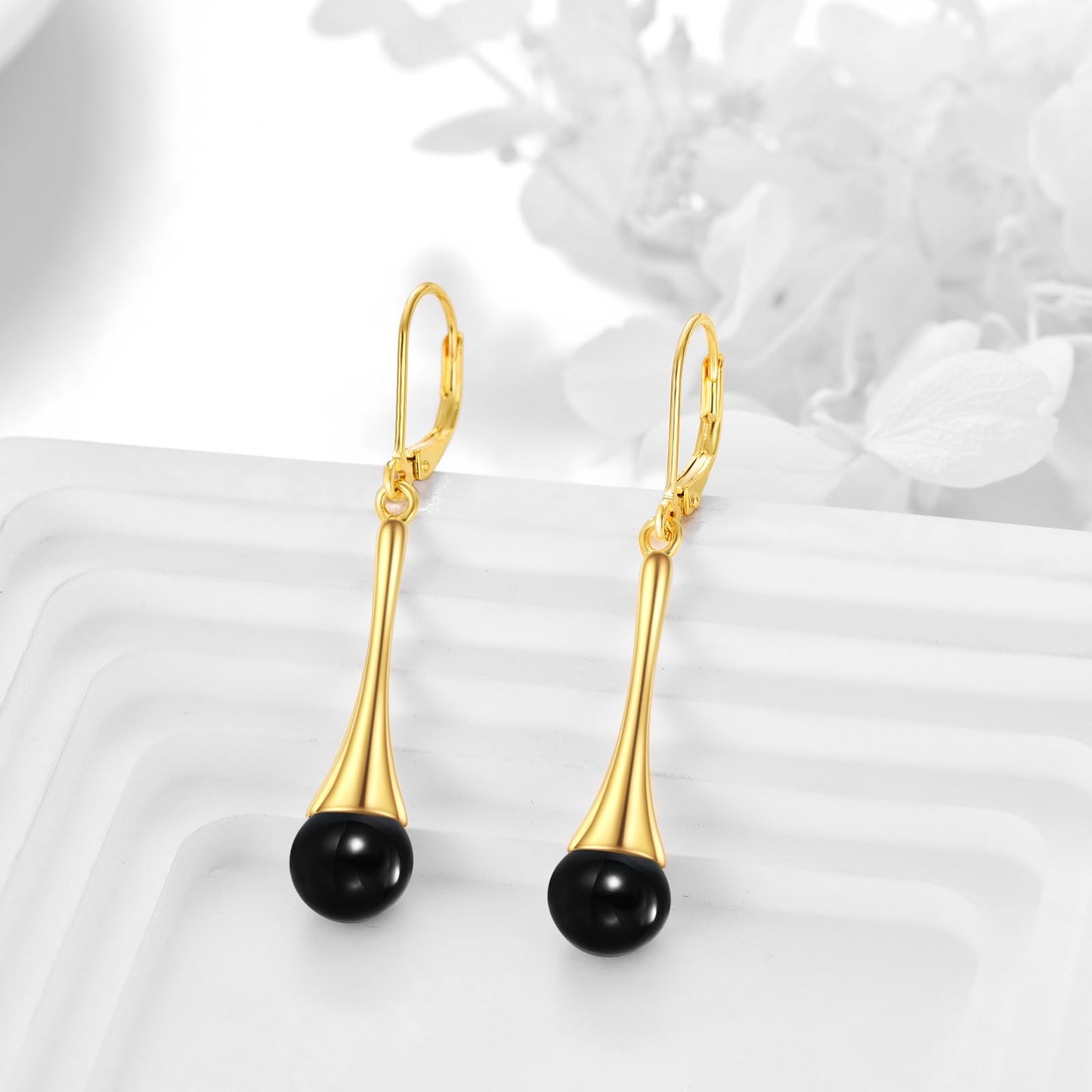 Sterling Silver Black Onyx Earrings for Women 18K Yellow Gold Plated Jewelry Gifts (Dangle with Ball Bead)