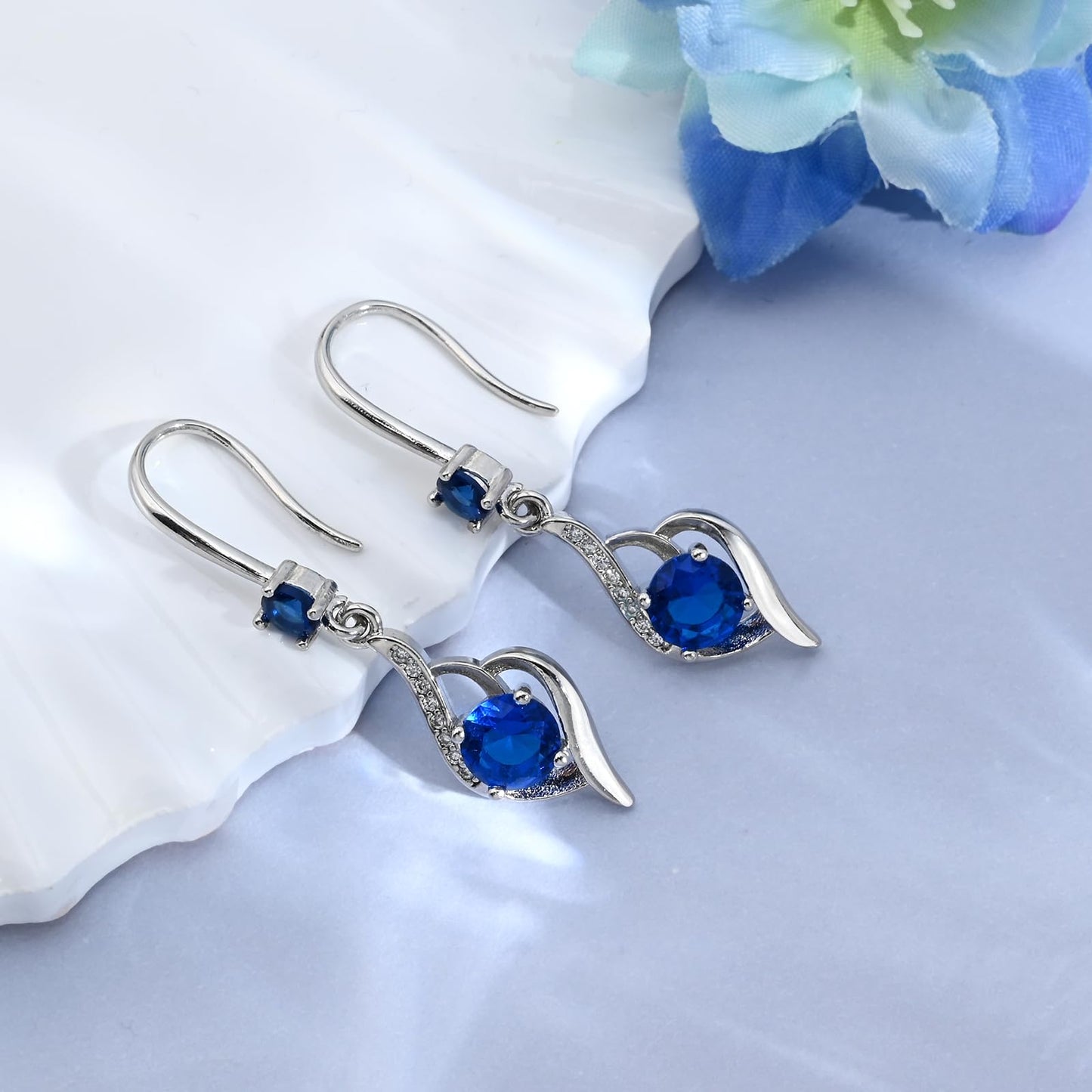 Heart Sapphire Drop Dangle Earrings-925 Sterling Silver with Blue Crystals-Long Birthstone Jewellery for Women
