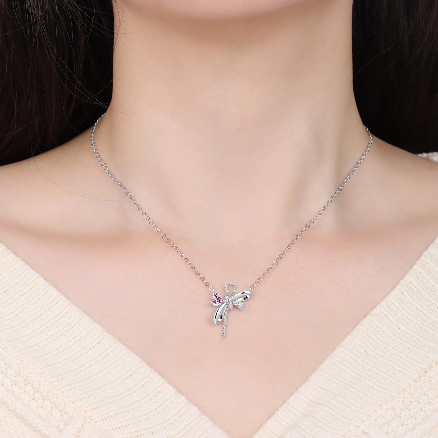 MISEFF 925 Sterling Silver Fashion Pendant Necklace for Women，Fashion Jewelry, 18K Gold Plated， Advanced Retro Series Link Chains ，Basic Multifunctional Accessories Suitable for Multiple Occasions and Daily Wear (Pink love bow)