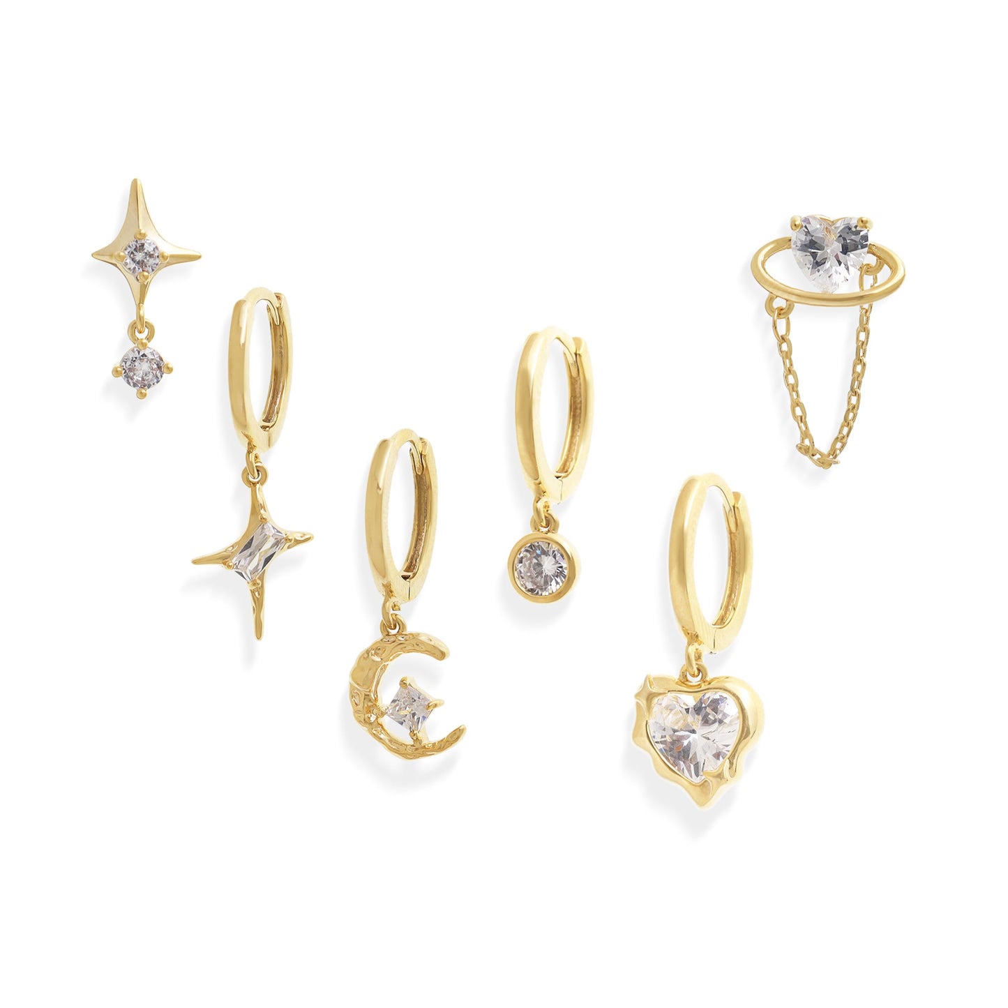 Frigotine 3PCS Gold Heart Hoop Stud Earrings Stack Set for Women, Dainty Rhinestone Star Moon Planet Chain Love Multiple Piercing Cartilage Prom Fashion Jewelry Gift