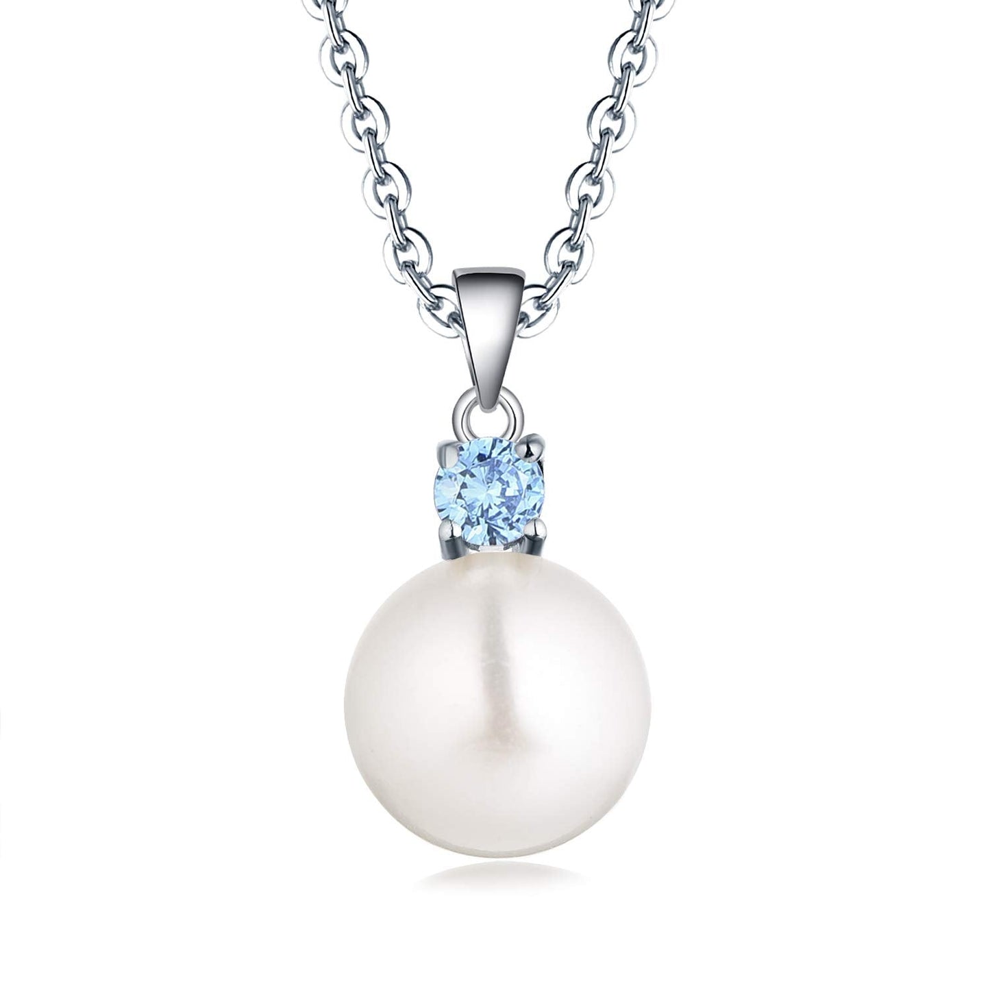 JO WISDOM Women Necklace,925 Sterling Silver Cubic Zirconia 10mm White Freshwater Pearl Pendant Necklace,March Birthstone Aquamarine Color