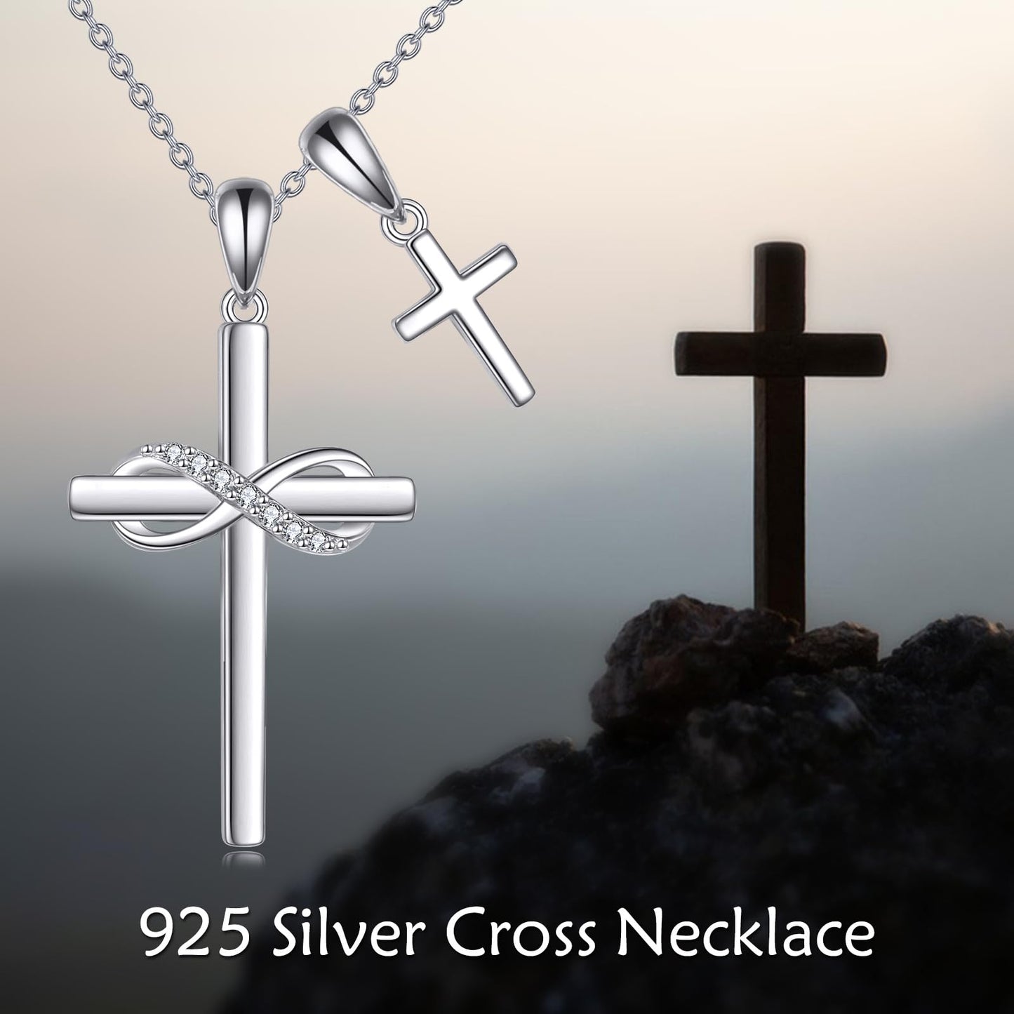 VONALA Valentines Day Infinity Cross Necklace 925 Sterling Silver Double Cross Pendant Necklace Faith Jewelry Religious Gifts for Women