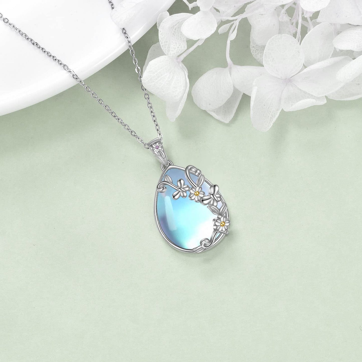 YAFEINI 925 Sterling Silver Moonstone Necklace Filigree Teardrop Daisy Butterfly Pendant Necklace Jewelry for Women (C-Daisy Butterfly Moonstone)