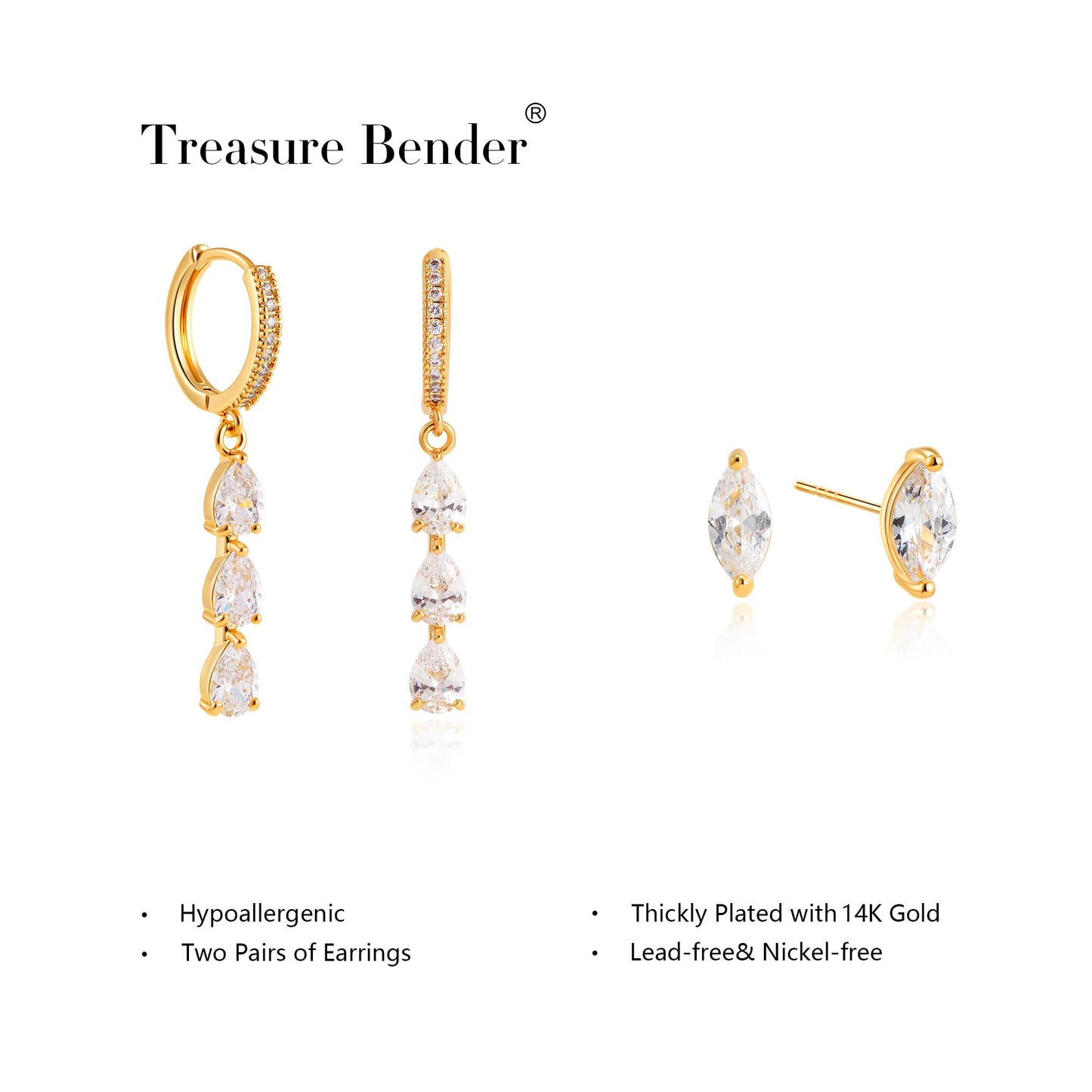 Treasure Bender Huggie Gold Hoop Earrings for Women 14k Gold Plated Diamond Stud Earrings Hypoallergenic Cubic Zirconia Cartilage Flat Back Earring Drop Dangle Earrings Set Jewelry for Women Gift