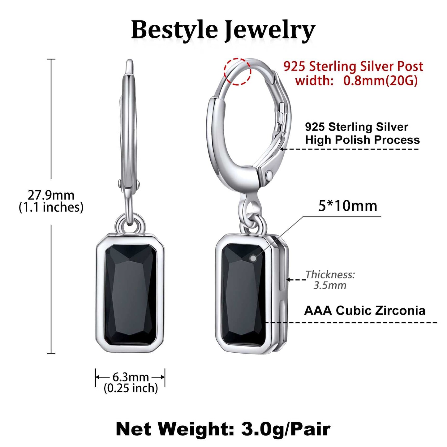 Bestyle Dainty Black Onxy Drop Earrings for Women - Rectangular Birthstone Dangle Earring with Hypoallergenic Silver Huggie Hoops - Trendy Black Baguette Dangle Hoop Earrings
