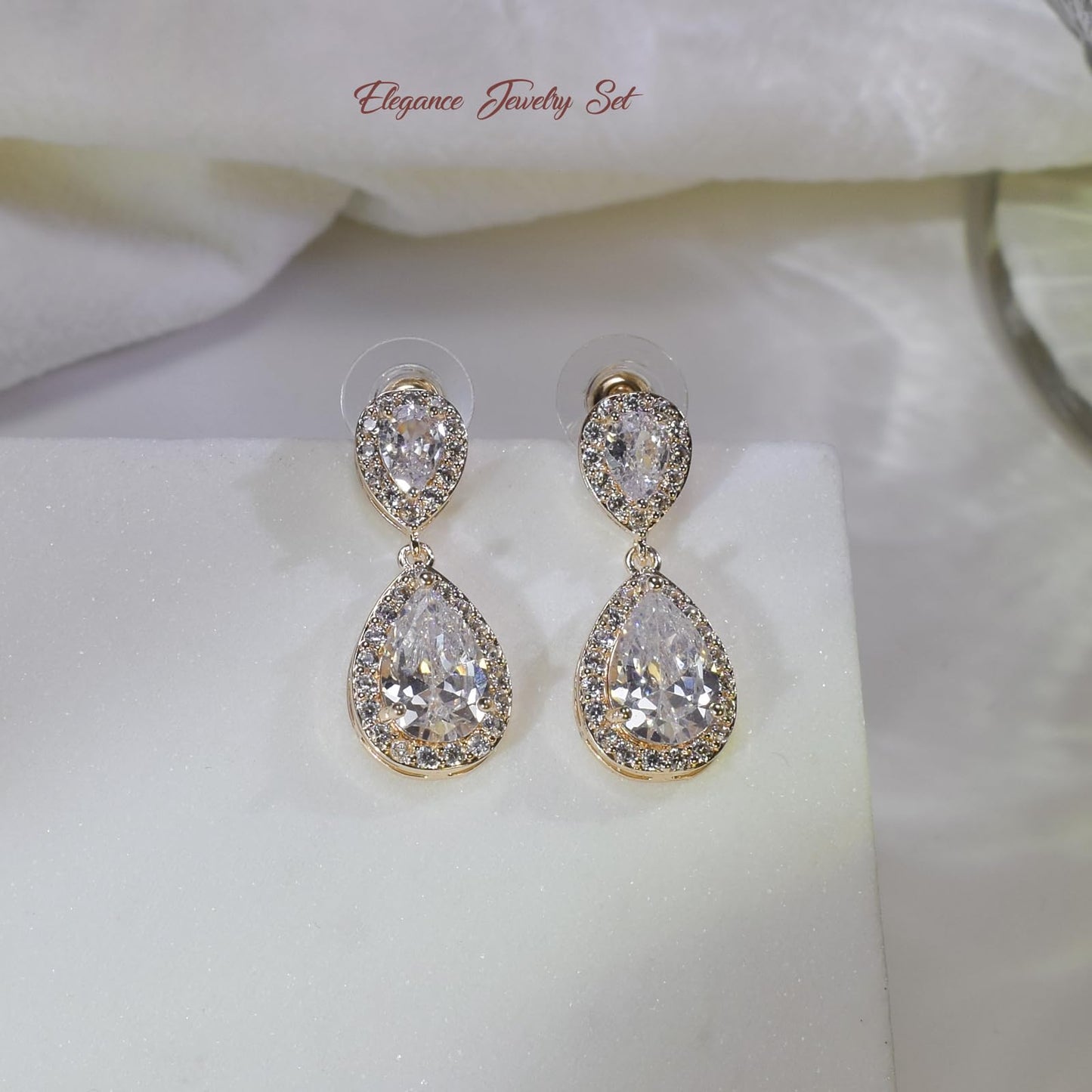 UDYLGOON Elegant Bridal Jewelry Set for Bride Bridesmaid Wedding Prom Teardrop Necklace Earrings Bracelet Set (Gold Plated)