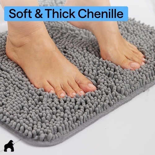 GORILLA GRIP Bath Rug Mat - Thick Soft Absorbent Chenille | Quick Dry Microfiber, 44x26, Grey