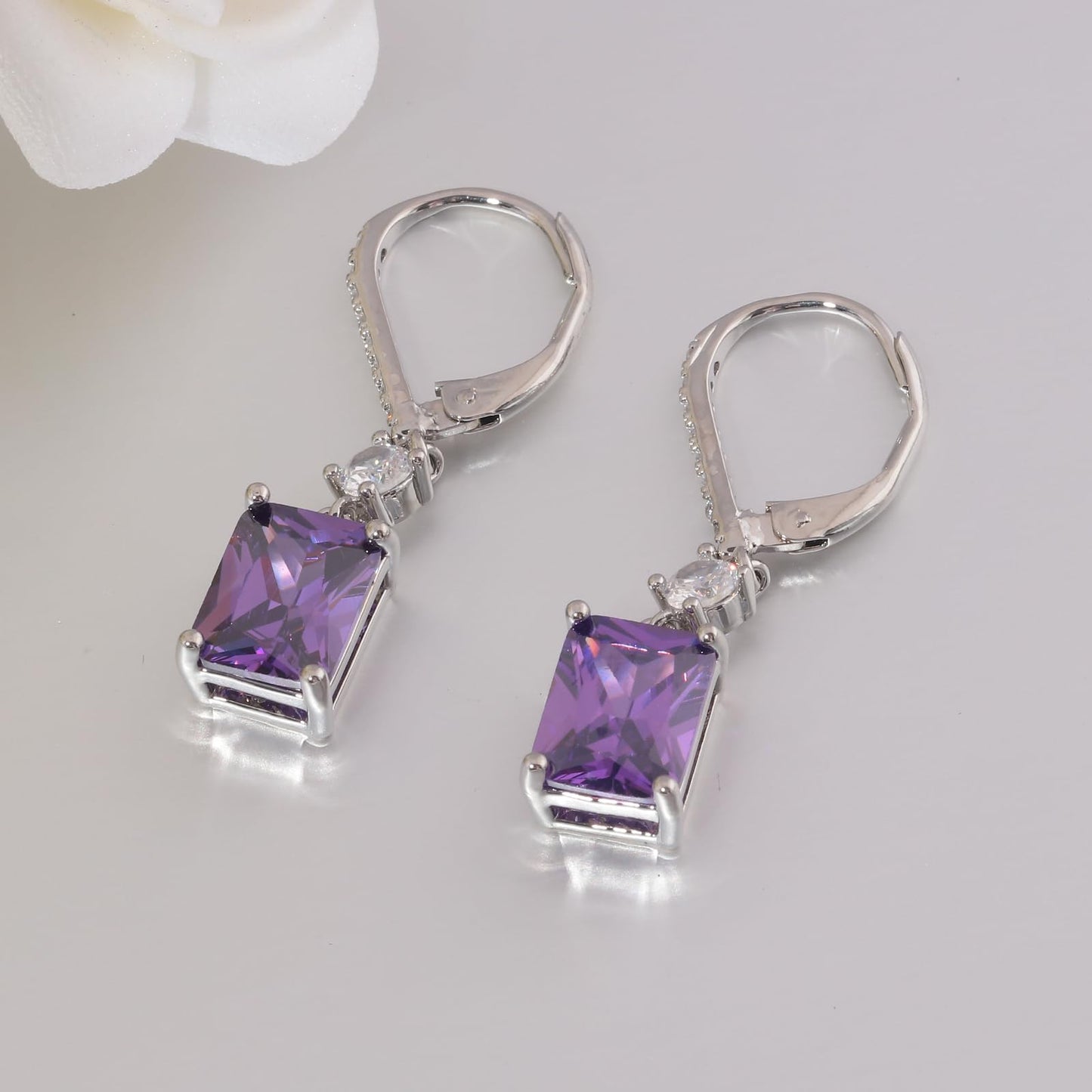 CiNily Rectangular-cut Drop Dangle Earrings Hypoallergenic, 14K White Gold Plated Purple Cubic Zircon Earrings Diamond Dangle Earrings Jewelry Wedding