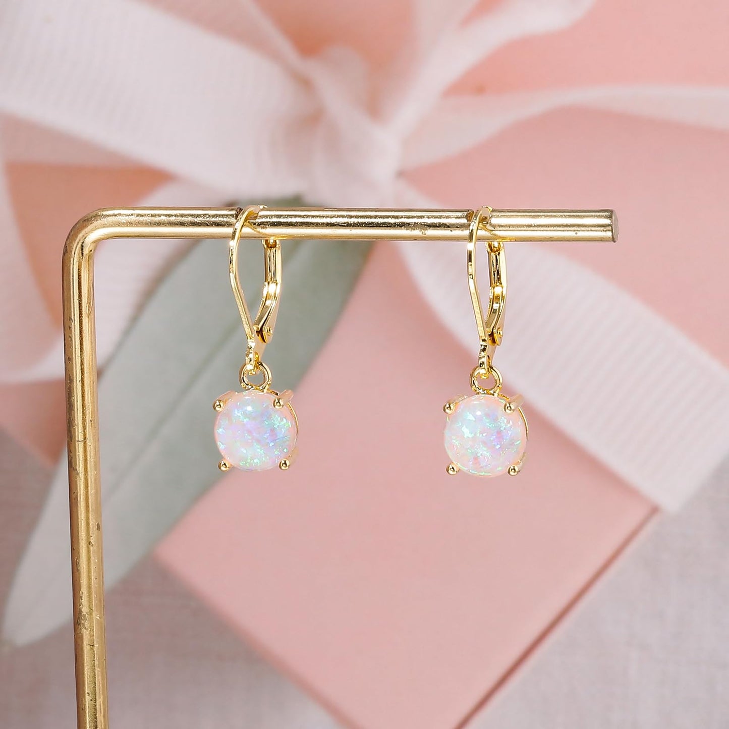 CiNily Round-Cut Opal Dangle Earrings for Women Hypoallergenic Pink Purple Fire Opal Rhodium Plated Leverback Gemstone Drop Earrings Jewelry Gift for St Patrick's Day Easter Mother's Day Graduation