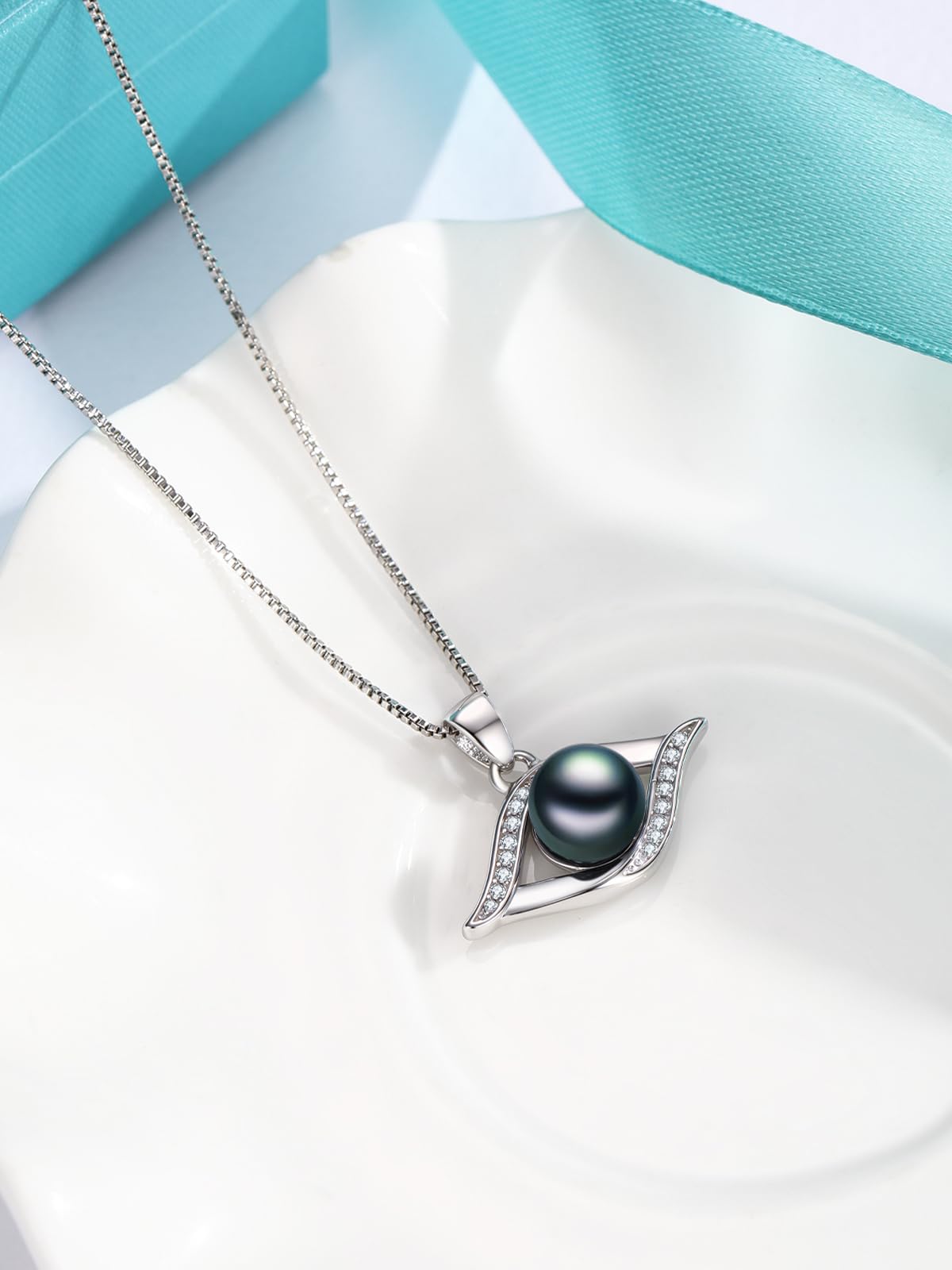 KANNSOAR Tahitian Black Pearl Necklace 18K White Gold Plated Sterling Silver Evil Eyes Pendant Black Pearl Necklace Jewelry for Women Gifts for Wedding Christmas Anniversary Birthday