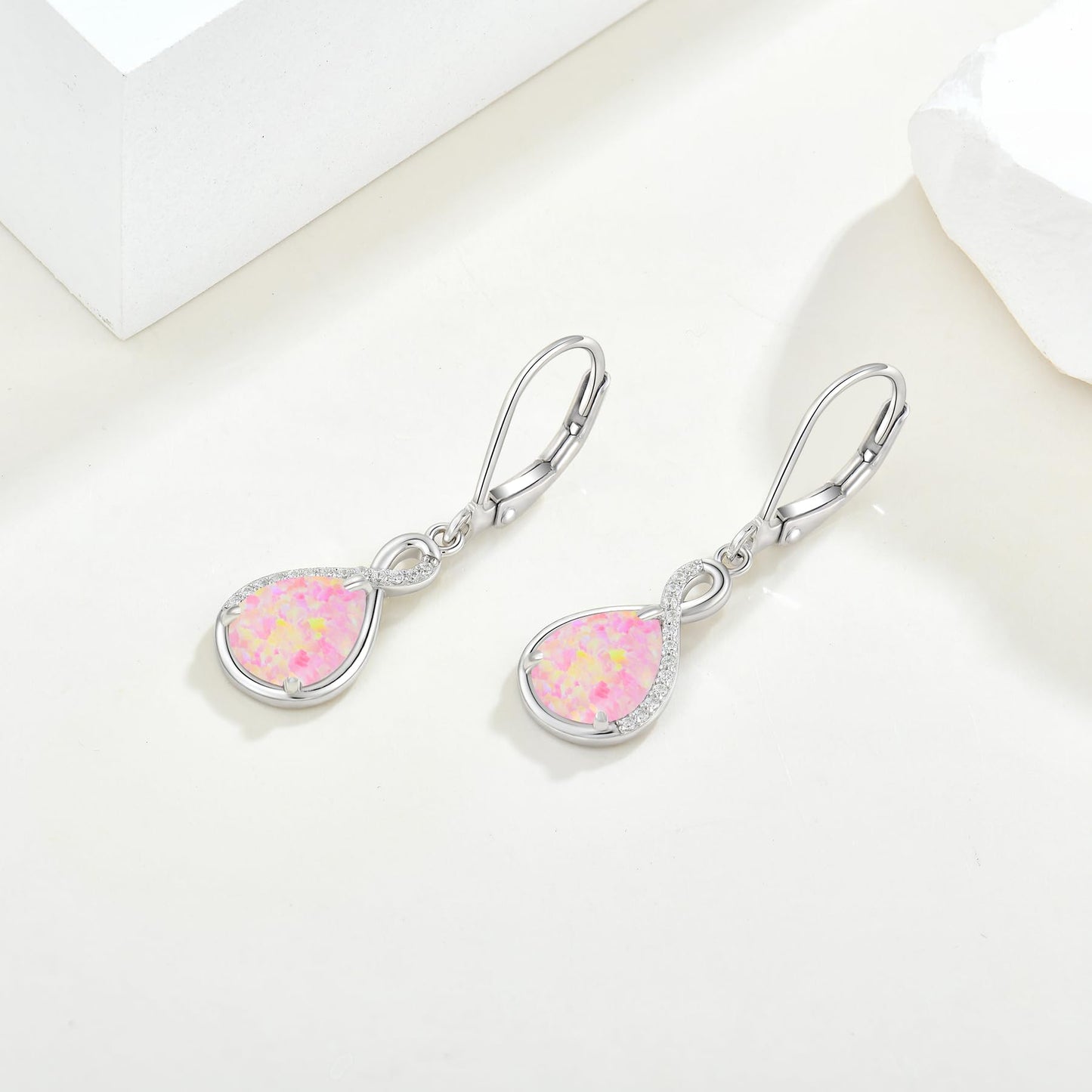 FYNSBLE Pink Opal Earrings for Women Sterling Silver Infinity Opal Dangle Drop Leverback Earrings Hypoallergenic Jewelry for Women