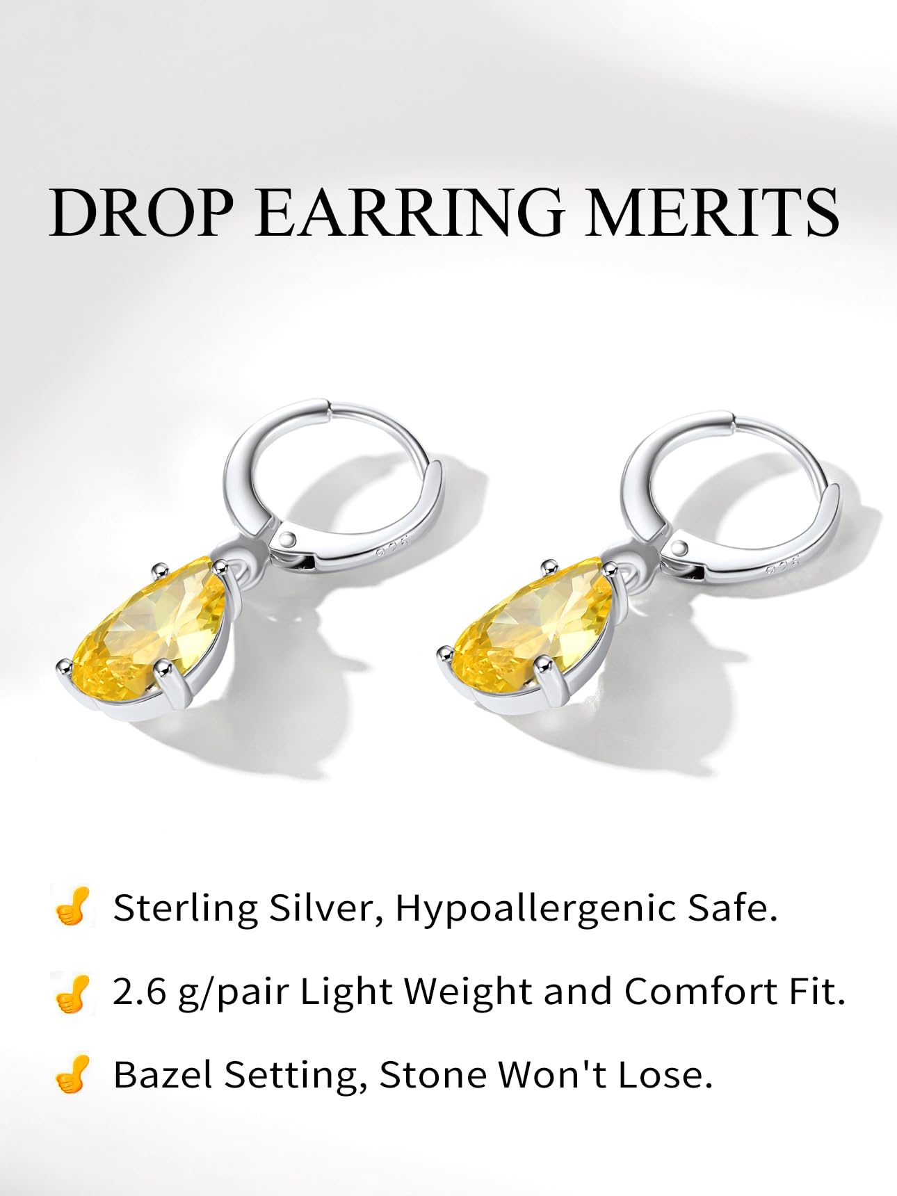Bestyle Yellow Topaz Drop Earring with Hypoallergneic Silver Huggie Hoops - Shimmer Teardrop Critine Crytsal November Birthstone Dangles Sterling Silver Earring for Women