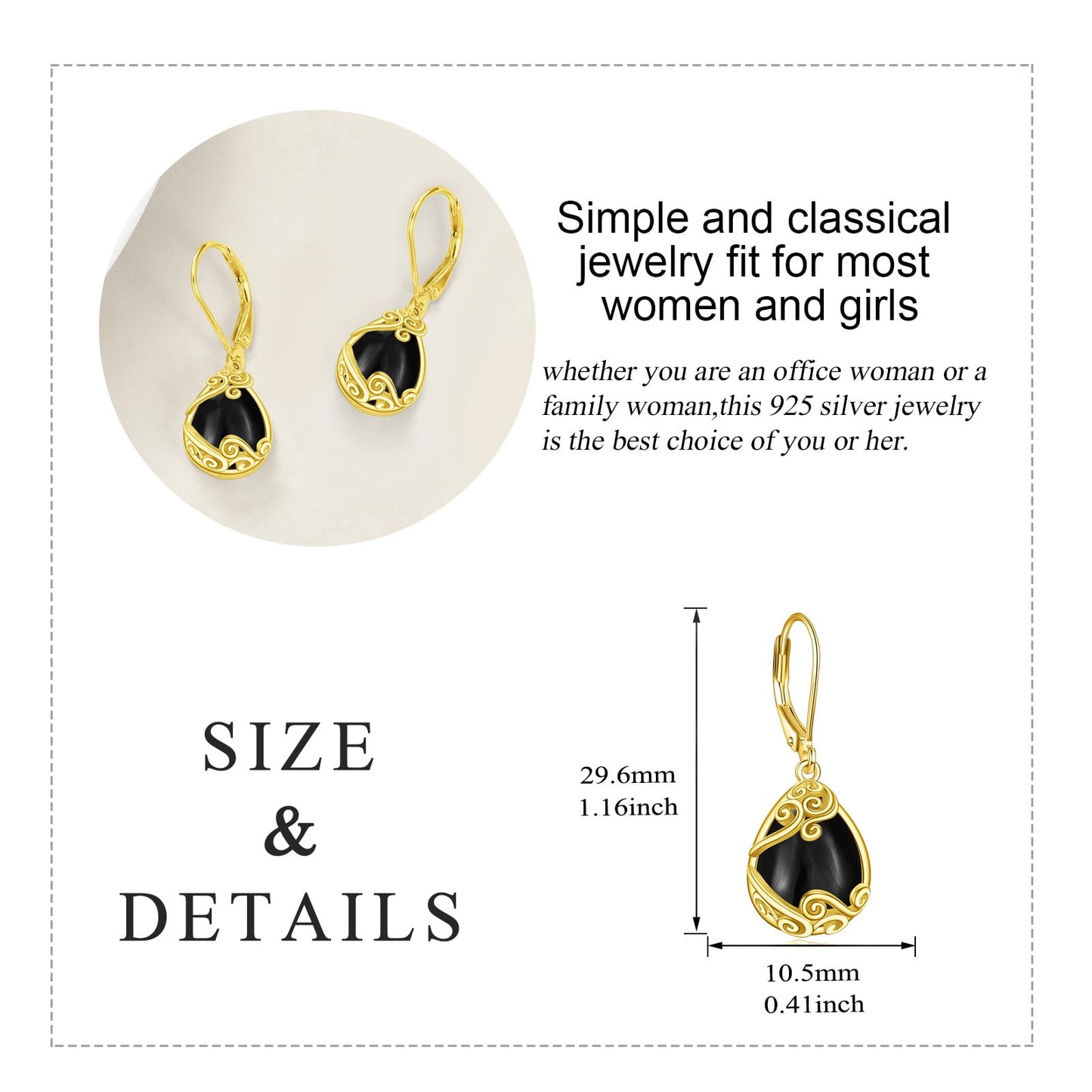 Black Onyx Drop Earrings for Women - Sterling Silver 18K Yellow Gold Plated Filigree Dangle Leverback Jewelry Gifts
