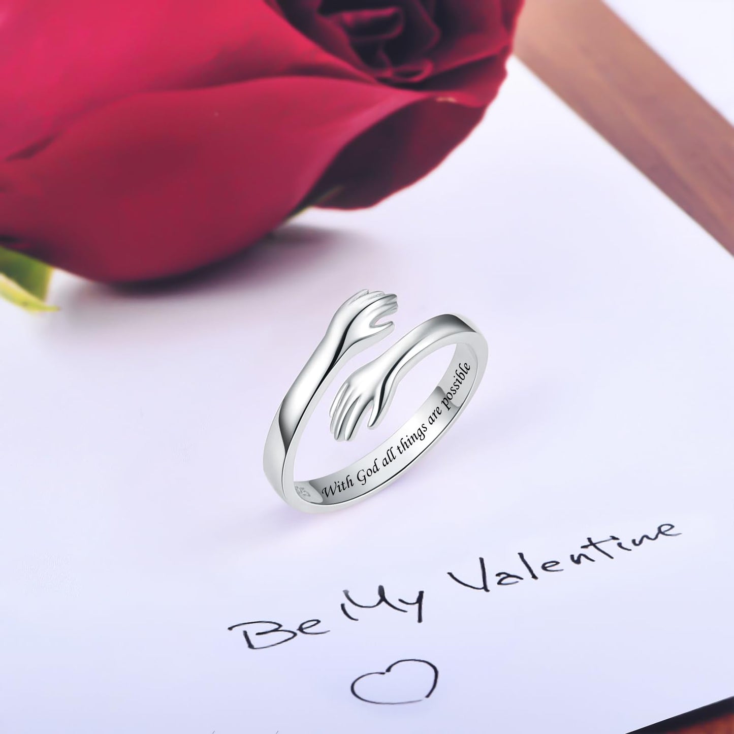 ACJFA S925 Sterling Silver Hug Ring for Women Adjustable Thumb Ring Birthday Gifts (With God all things are possible)