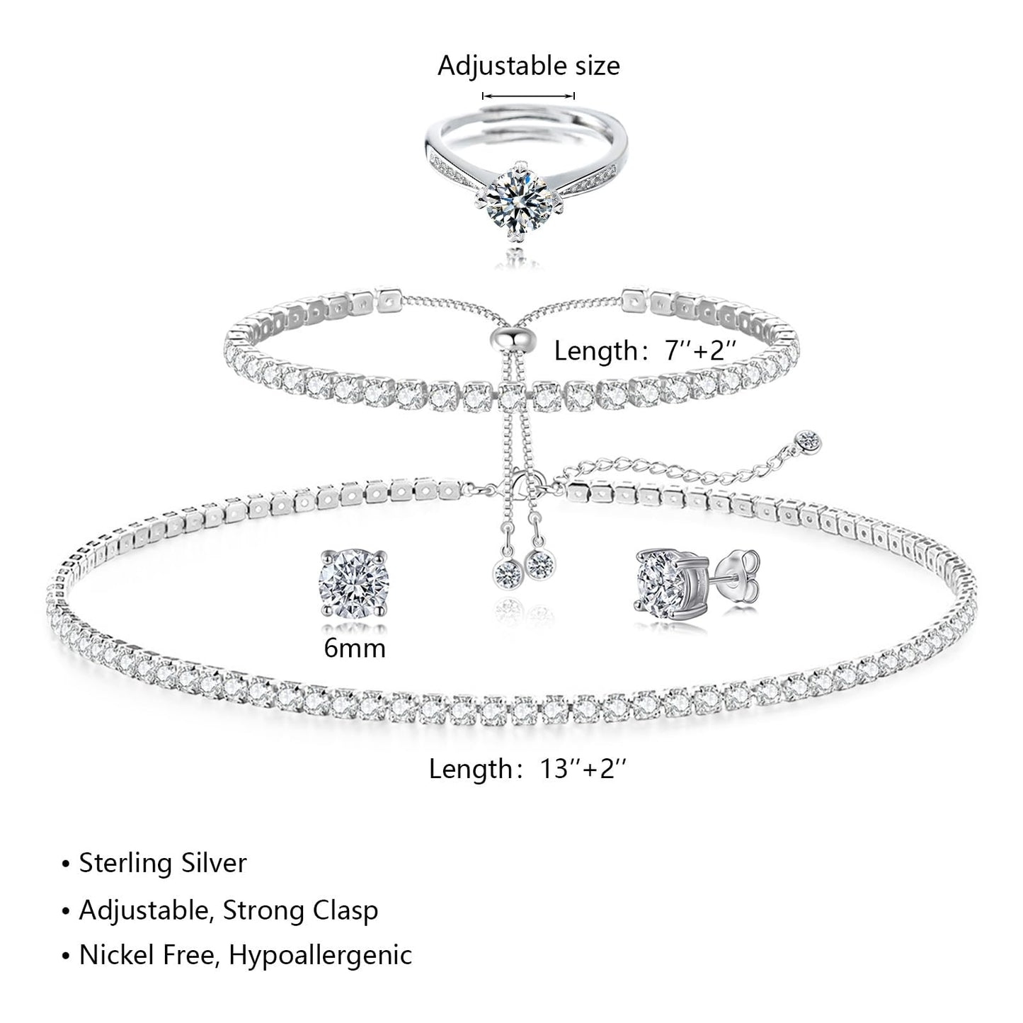 LULII Tennis Necklace Set for Women Dainty Sterling Silver Necklace and Earring Sets Diamond Earrings Crystal Bracelets Diamond Ring for Women Silver Jewelry Sets for Wedding Bride Gift