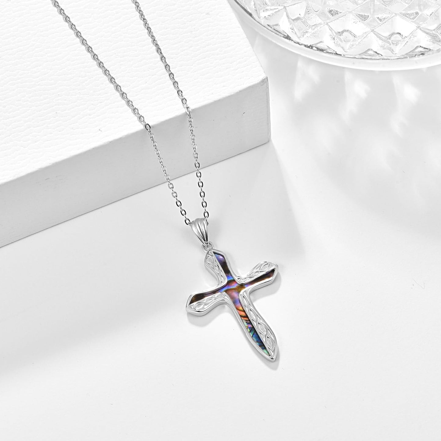 Dreamboat Sterling Silver Cross Necklace for Womens Cross Pendant Faith Christian Jewelry Abalone Shell Celtic Necklace Confirmation Religious Gifts for Mom