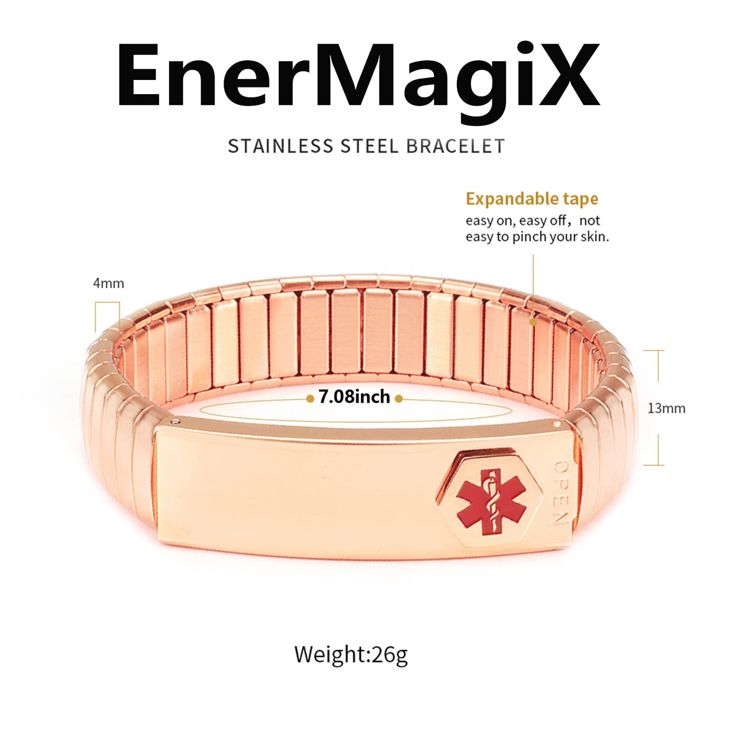 EnerMagiX Medical Alert Bracelets for Men Women, Medical Id Bracelets Elastic Stainless Steel Personalised (Put Details in Lift Up Section, Customized Medical Card+Strips Free) (Rose,7.08'')