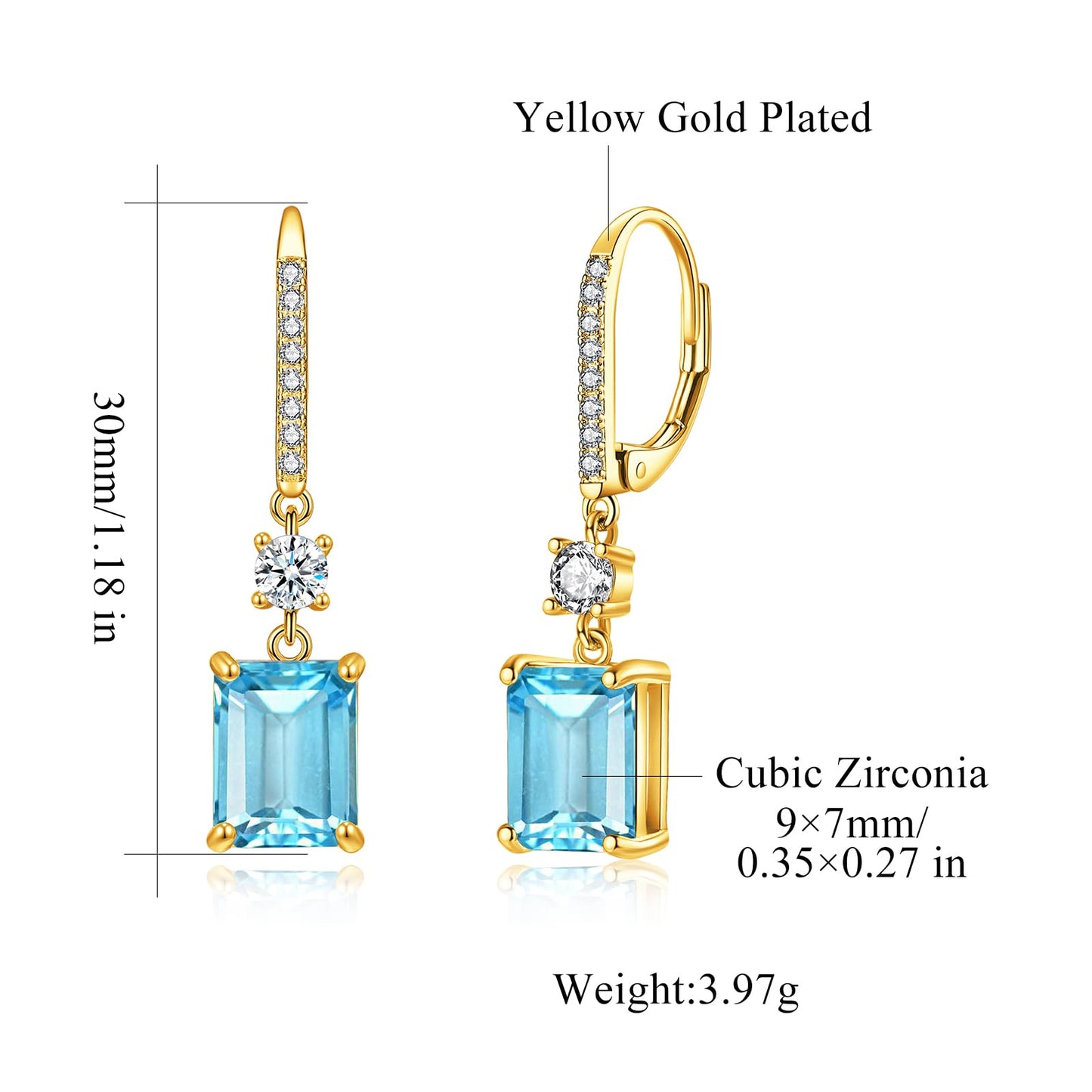 CiNily Leverback Earrings for Women Rectangular-cut Drop Dangle Earring Hypoallergenic, 14K Yellow Gold Plated Blue Cubic Zircon Earrings Diamond Dangle Ear Rings Jewelry for Xmas Birthday