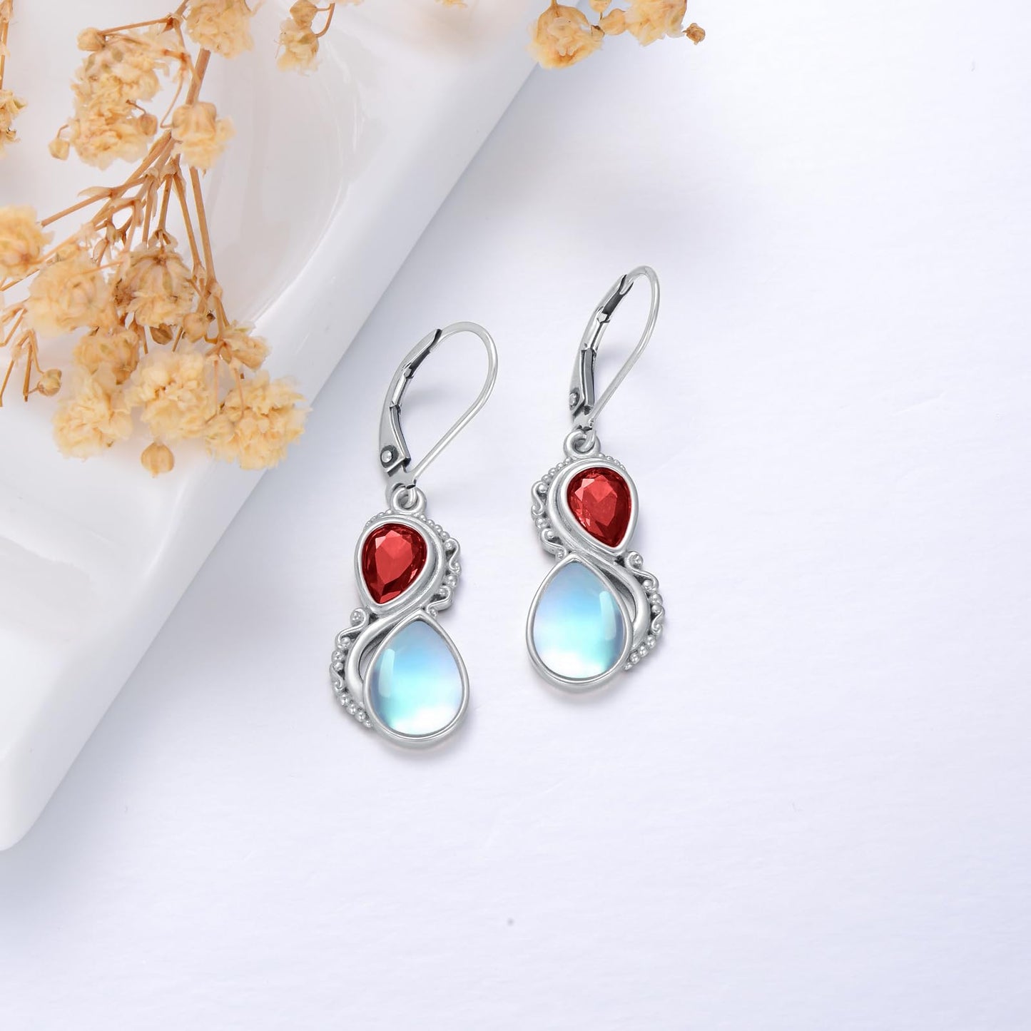 Moonstone Earrings 925 Sterling Silver Vintage Dangle Drop Leverback Earrings with Red July Birthstone Jewelry Gifts for Women