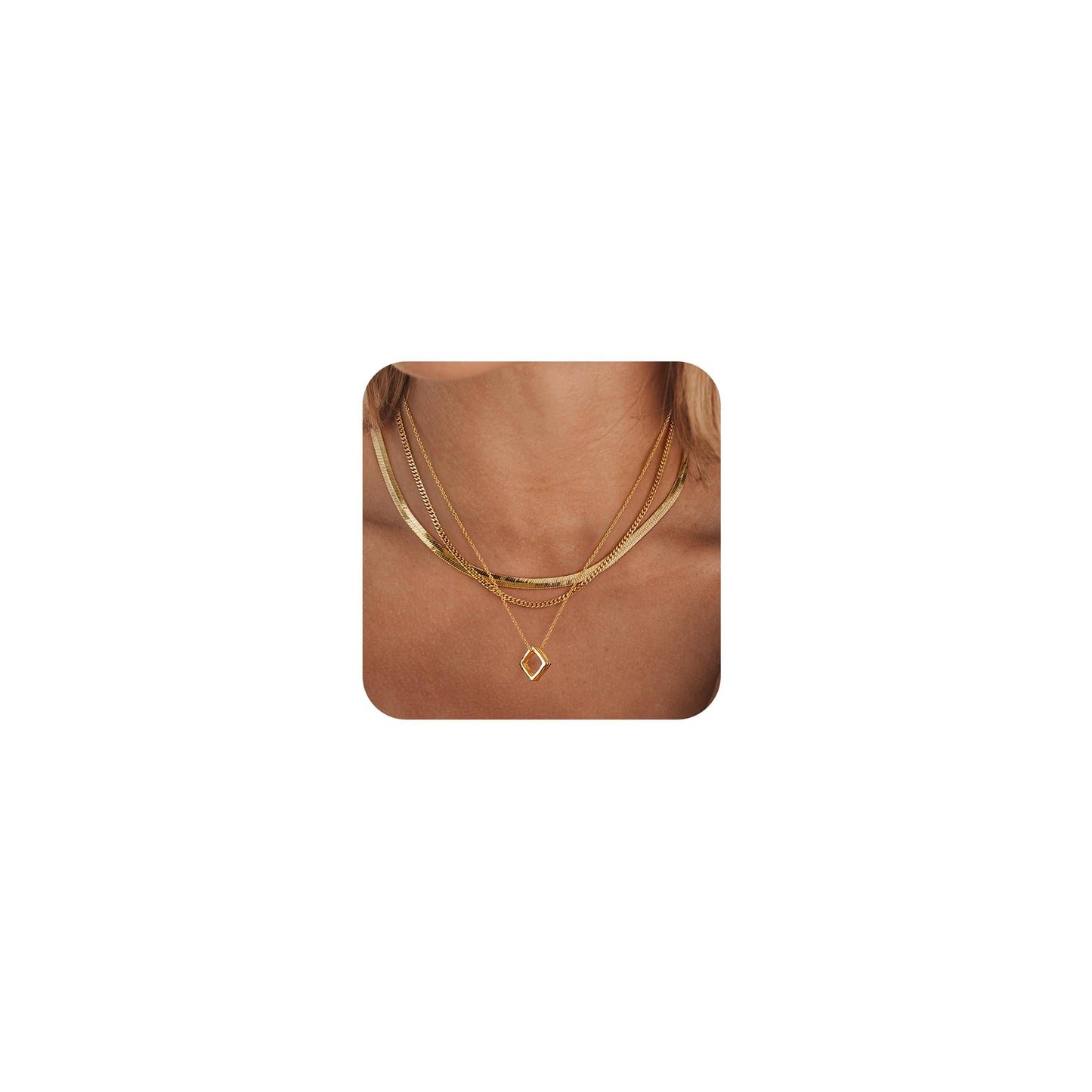 YOIHUR Layered Gold Necklaces for Women, 14K Gold Plated Cuban Snake Chain Necklace Trendy Layering Square Pendant Choker Necklace Set Jewelry for Women