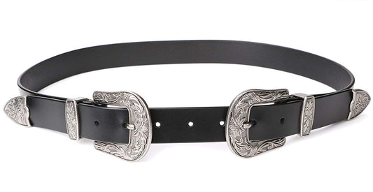 JASGOOD Double Buckle Western Belts for Woman Cowgirl Country Belt Vintage Black Leather Belt for Jeans Pants Dresses, Black