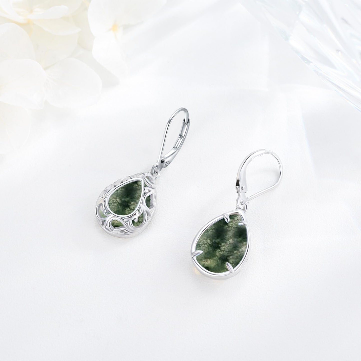 KoyeKei Filigree Moss Agate Leverback Earrings for Women 925 Sterling Silver Moss Agate Teardrop Dangle Drop Earrings Jewelry Filigree Graduation Birthday Gifts for Wife