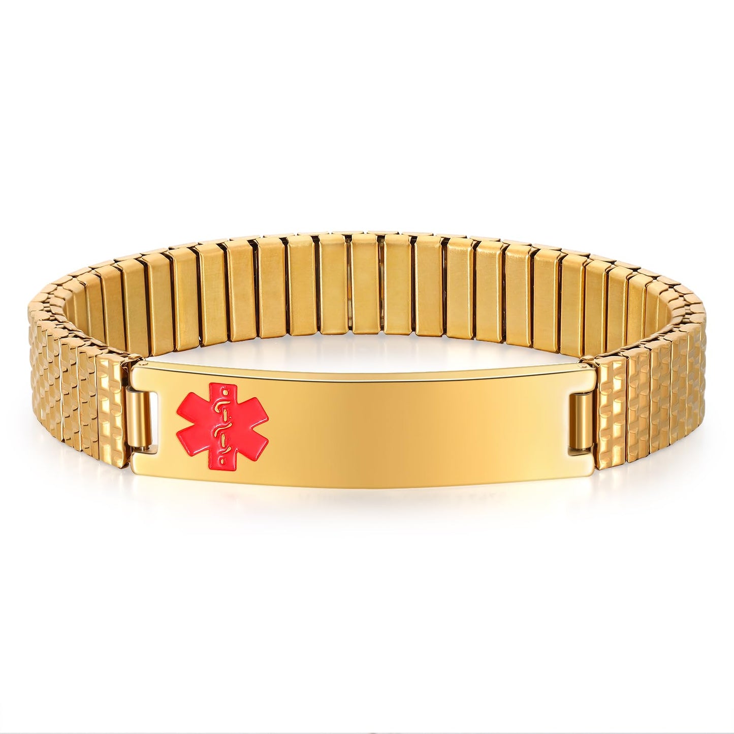 Personalized Medical ID Bracelets for Men - Custom Emergency Alert Bracelet for Women Engraved Medic Info Elastic Stainless Steel Bracelets for Family Autism Allergy Diabetic Epilepsy (Gold, 21.5cm)